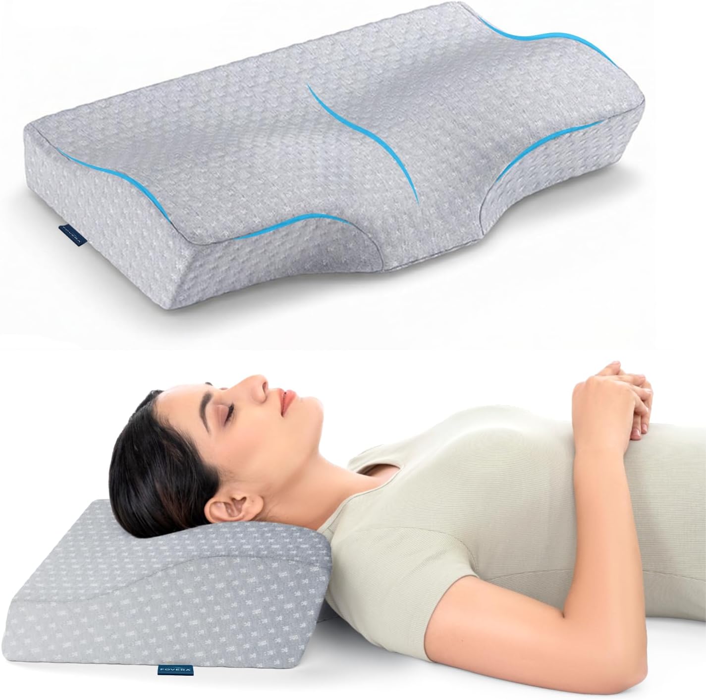FOVERA Memory Foam Cervical Pillow for Neck Pain | Orthopedic Contour Neck Support Pillow for Sleeping, for Neck and Shoulder Pain, Dual Height (Grey Jacquard Cover, Pack of 1)