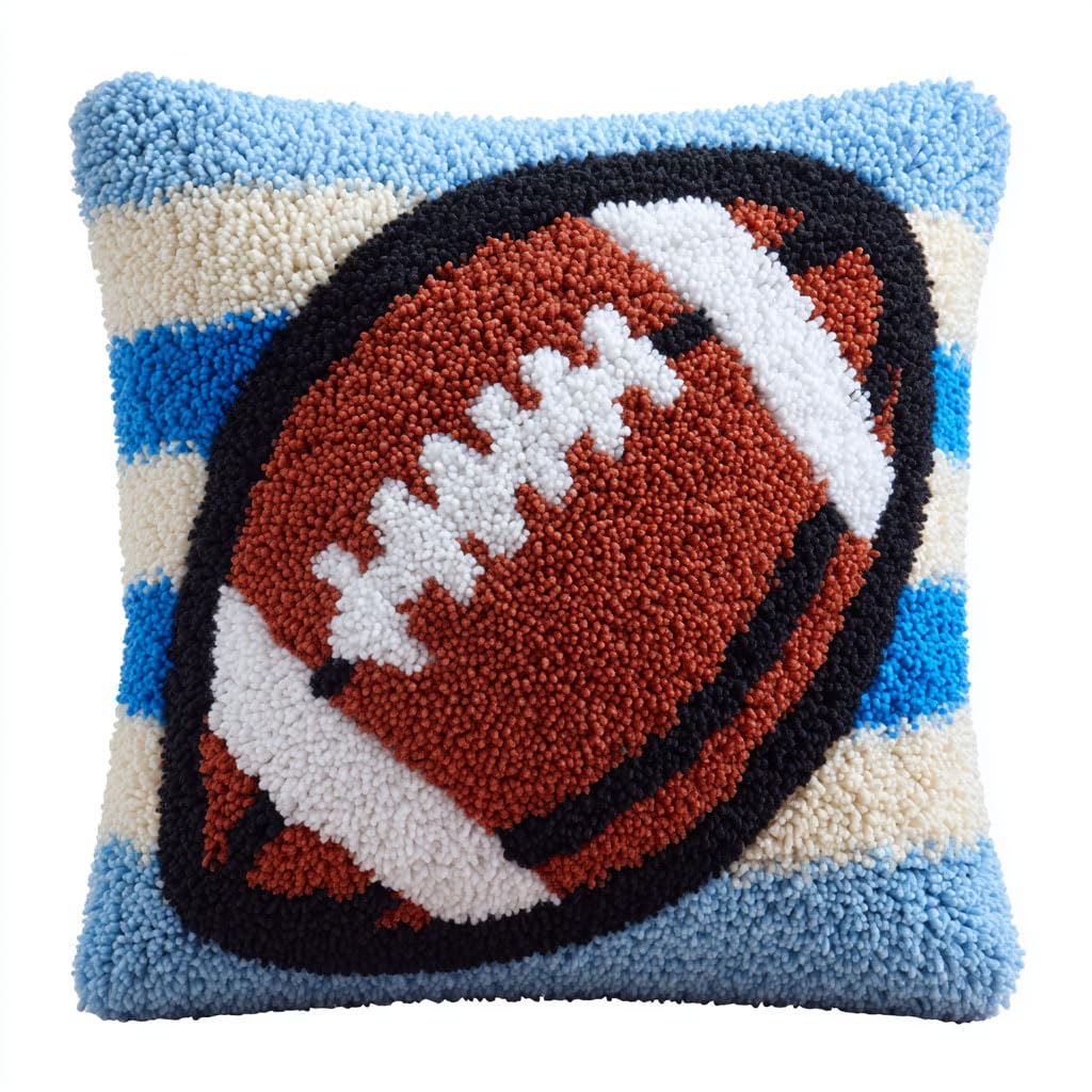 Henypt Latch Hook Cushion Kits, Rugby Pattern Latch Hook Pillow Case Kits Embroidery Kit DIY Needlework Pillow Cover Sofa Cushion Rug Making Kit,43x43cm