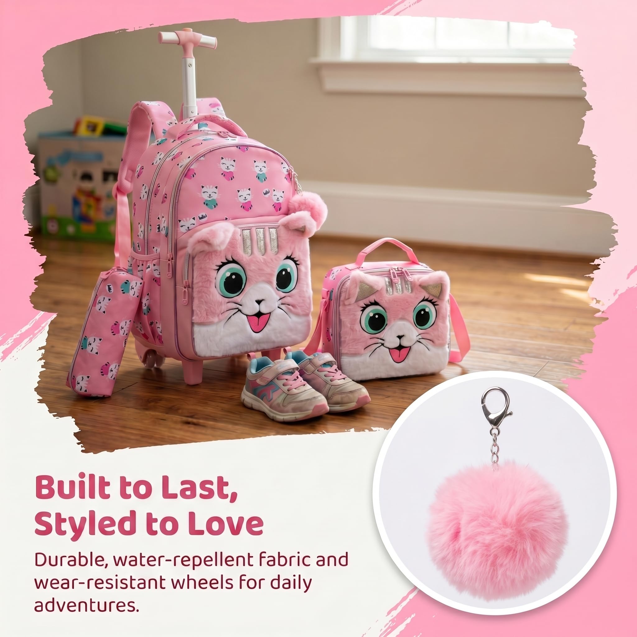 Sac a Dos Roulette Fille Enfant Cartable Cabine Primaire Valise École Maternelle Sacs à D'école pour Voyage de Bagages Ensemble Grand Étudian Simple Poches Tissu Peluche Rose Chat