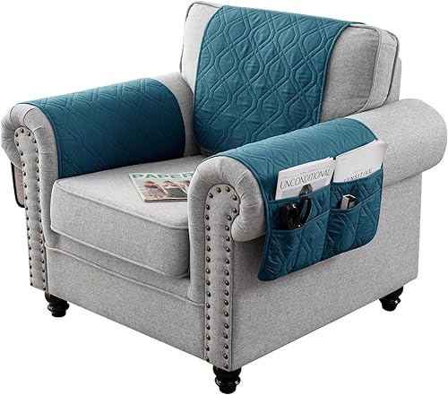 Miniatura 8 de Juego de 3 fundas impermeables para sofá reclinable, funda para reposabrazos y reposacabezas con 6 bolsillos de almacenamiento, protector acolchado