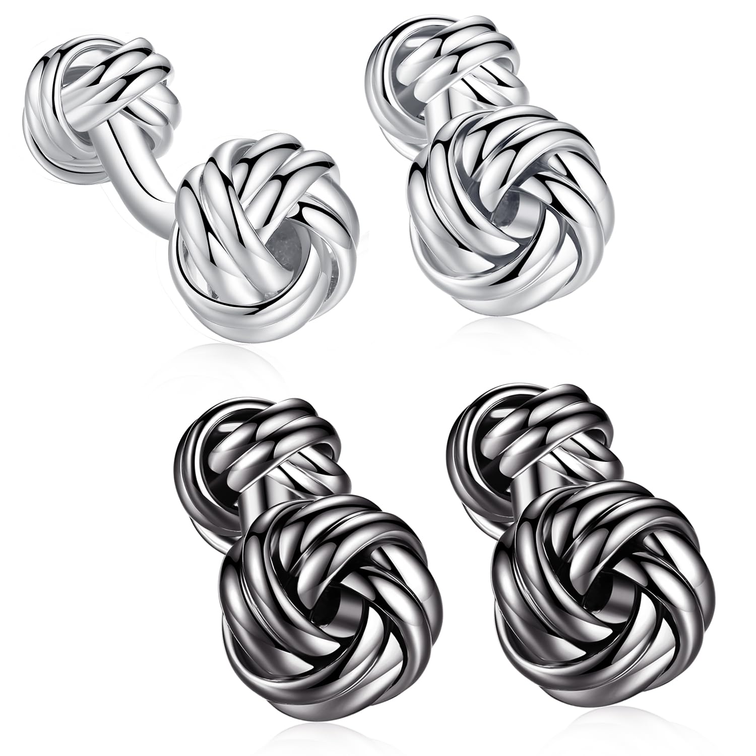 HONEY BEAR Twist Knot Cufflinks Set for Mens Shirts Business Wedding Gift,Silver Black