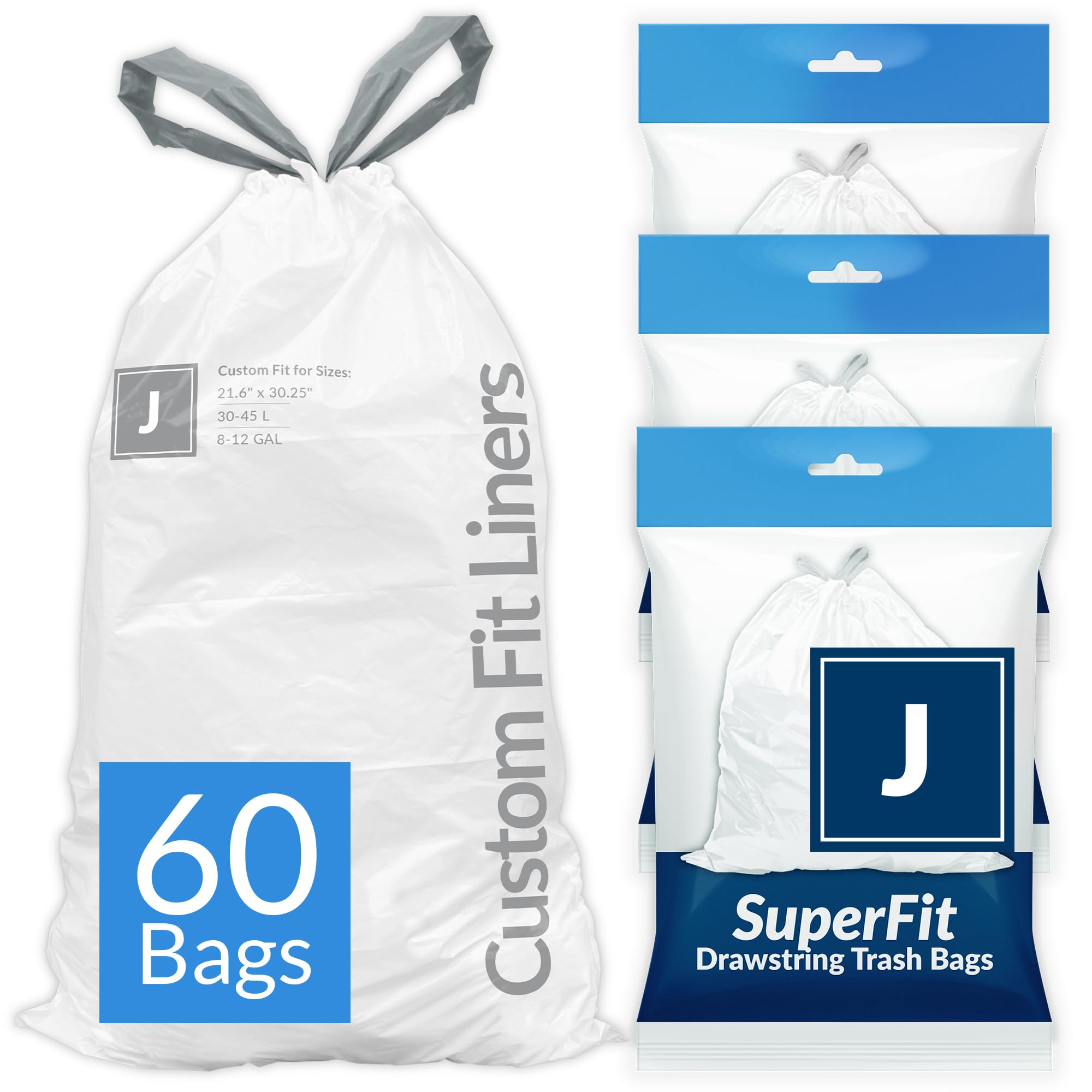 Reli. SuperFit Code J (60 Count) | Compatible with Simplehuman Code J | Dispenser Pack Custom Fit Liners | Drawstring Trash Bags | 30-45 Liter / 8-12 Gallon | White