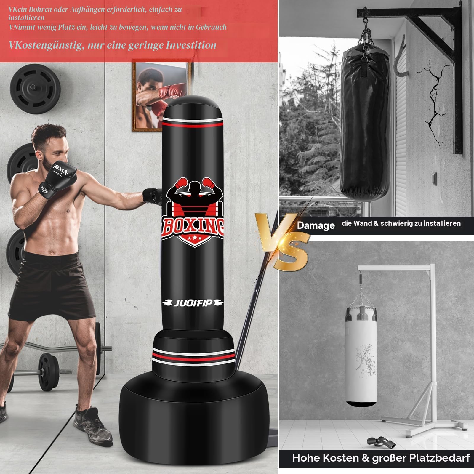 Boxsack Stehend für Erwachsene, 180 cm Schwerer Boxsack- Stehboxsack Aufblasbarer Kickboxsack für Reaktionstraining MMA Muay Thai Fitness Taekwondo