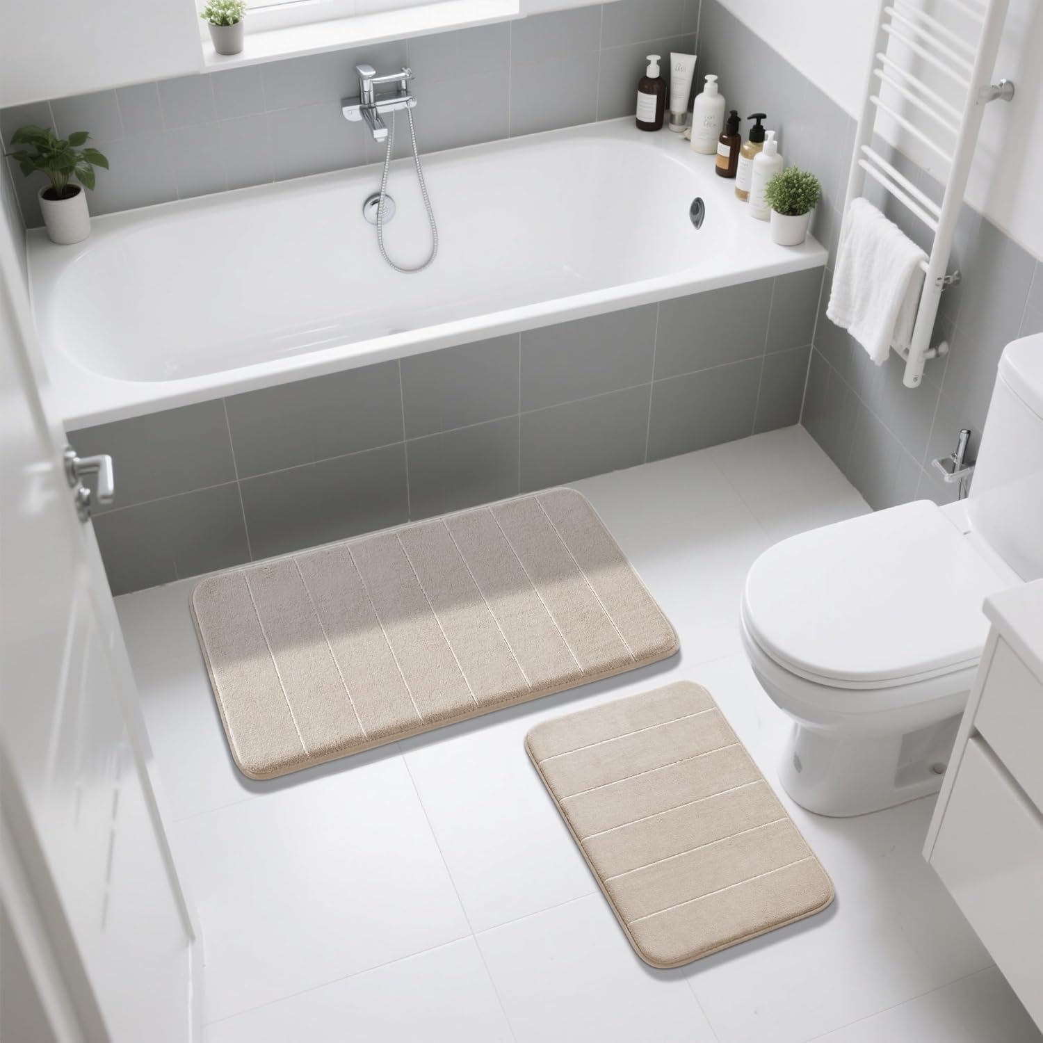 Yimobra Memory Foam Bathroom Rugs Sets 2 Piece - Super Soft Absorbent Quick Dry Bath Mat Set, Machine Washable Non Slip Floor Carpet for Tub Shower & Single Sink (17x24 & 31.5x20 Inch, Beige) - Image 7