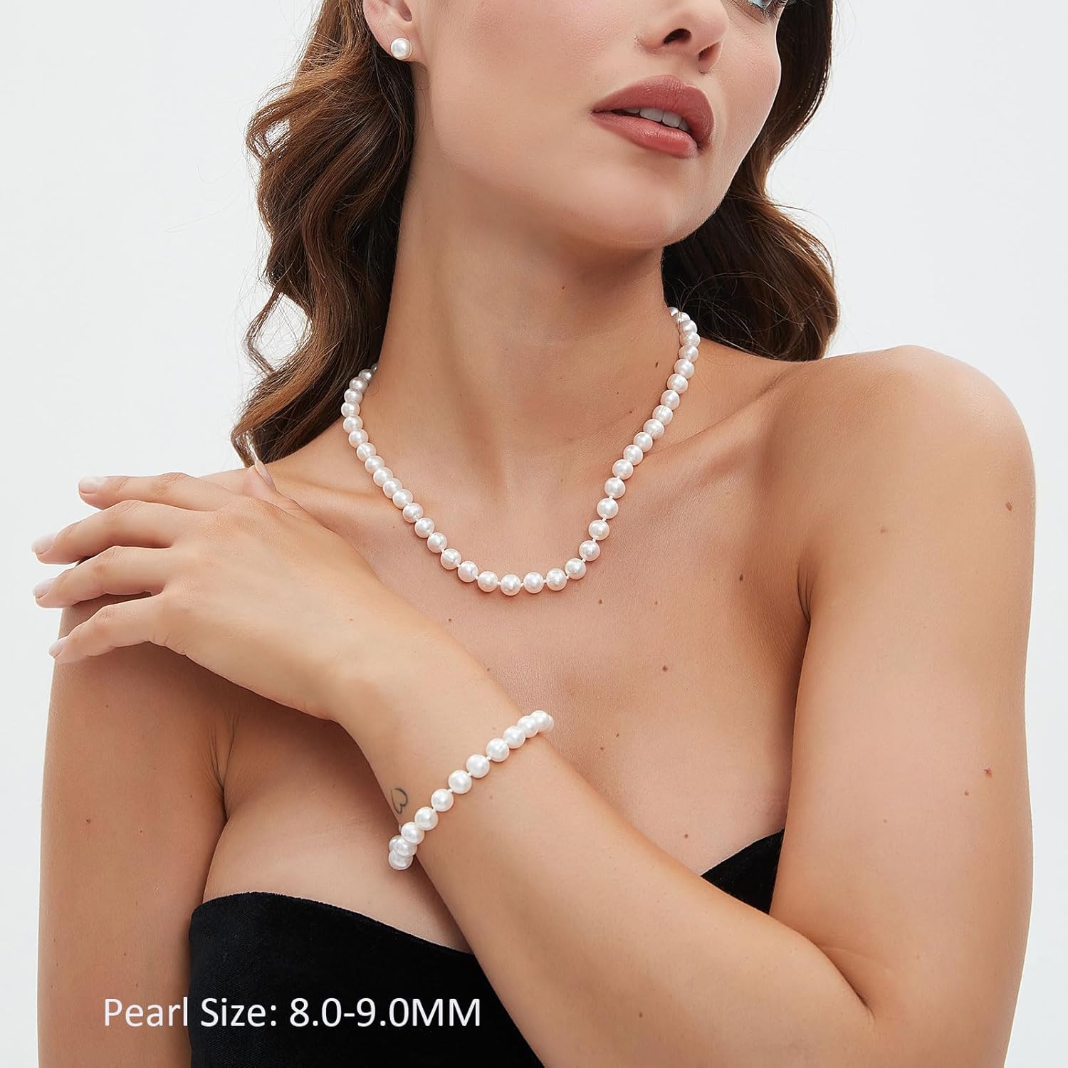Freshwater Cultured Pearl Jewelry Set, Necklace & Earrings & Bracelet Set for Women, Pearl Strand Necklace with 925 Sterling Silver Clasp, Elegant Jewelry Gift for Mother's Day, Anniversary, Birthday, Wedding - 18+2 Inch - Image 2