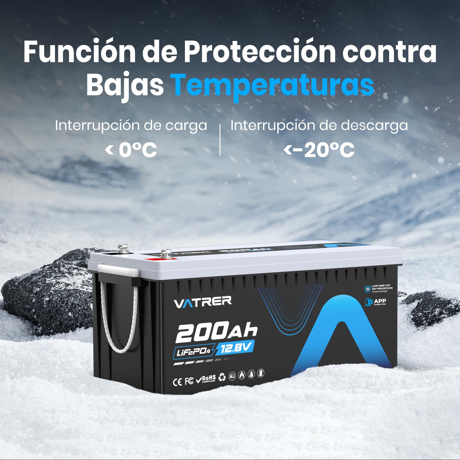 VATRER POWER Batería LiFePO4 12V 200Ah con Bluetooth y BMS 200A | Bluetooth, 2560W, más de 5000 ciclos, batería de ciclo profundo ideal para autocaravanas, barcos y sistemas solares
