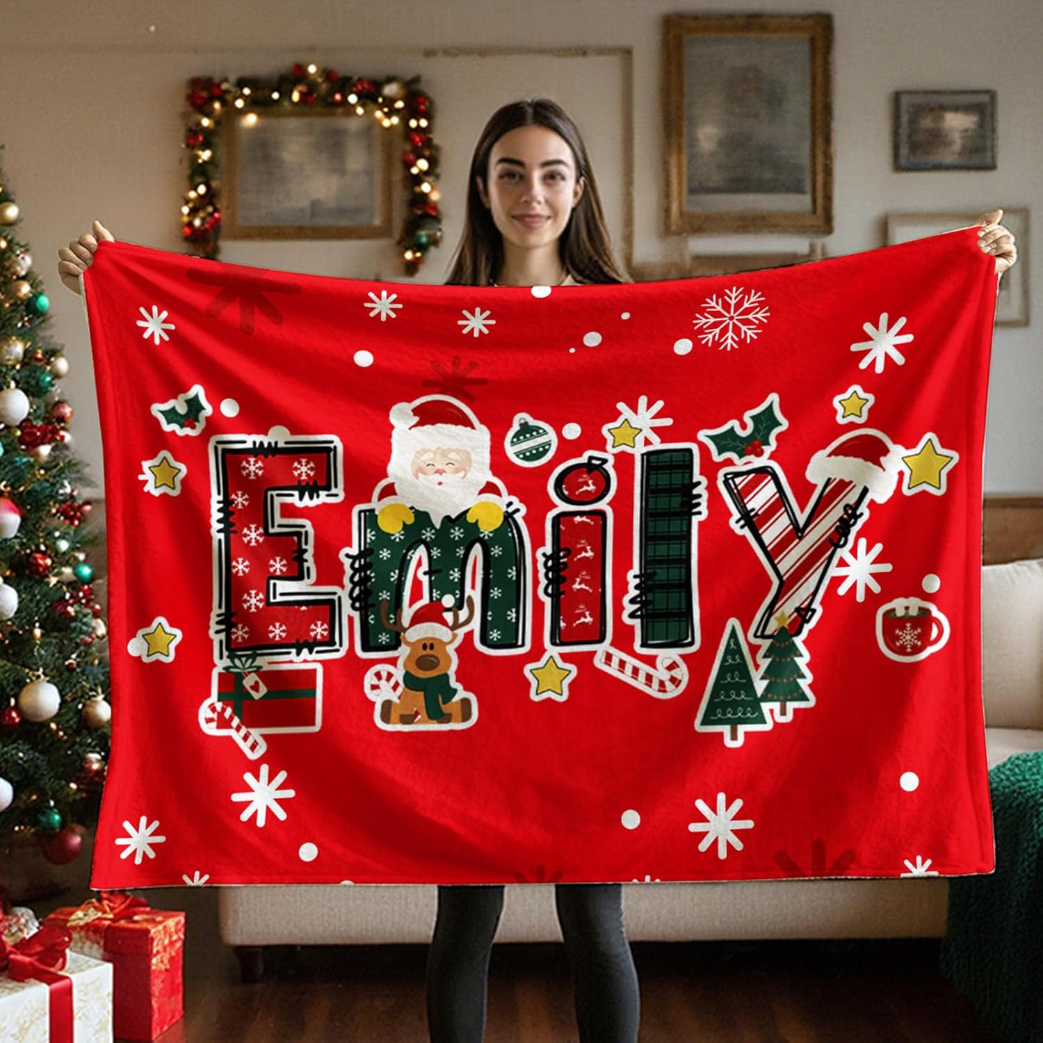 CALLIE Personalized Christmas Name Throw Blanket, Reindeer Santa Claus Sherpa Fleece Blanket, Soft Throw Blanket for Couch Bed Sofa Home Decor, Christmas Birthday Gifts for Kids Family Friend