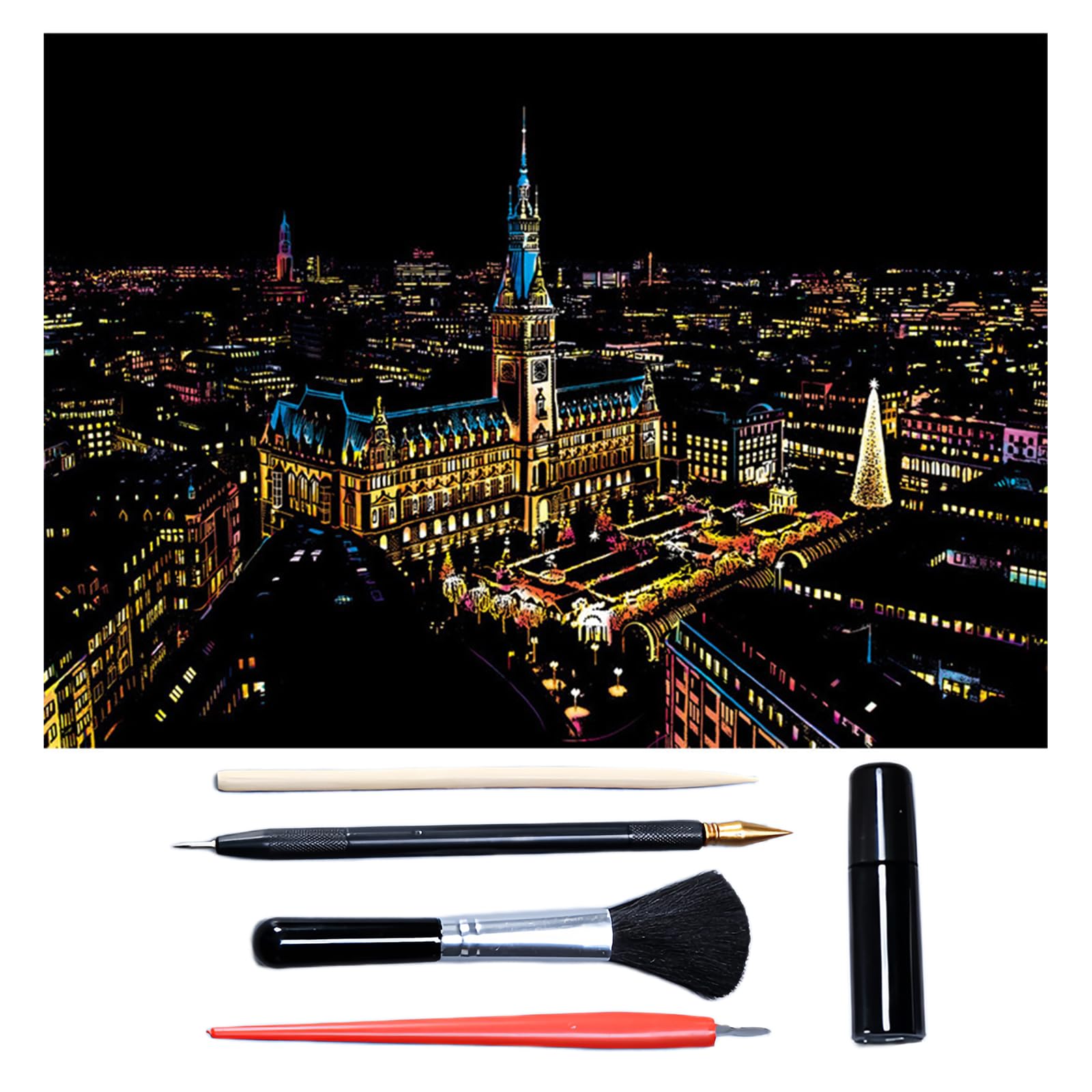 Scratch Art for Adults & Teens, Paint by Scratch 16 X 11.2 Inches, Scratch Off Paper Painting, Scratchart Kit Ornaments, Colorful Sketches Rainbow Scratch Art (Hamburg)