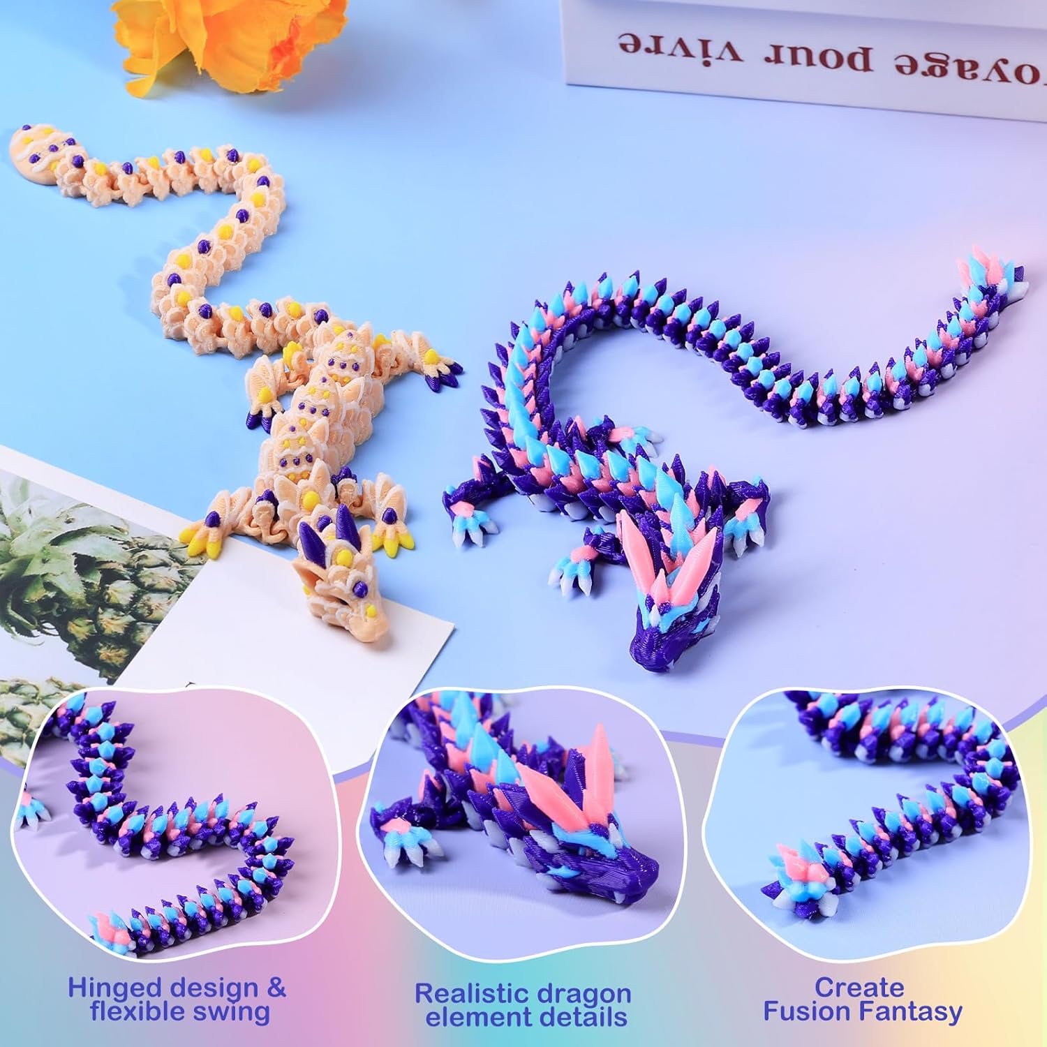 3D Printed Dragon Easter Cookie Dragon and Multicolor Crystal Dragon, Articulated Fidget Toys for Autism and ADHD, Perfect Basket Essentials Stuffers and Desk Accessories