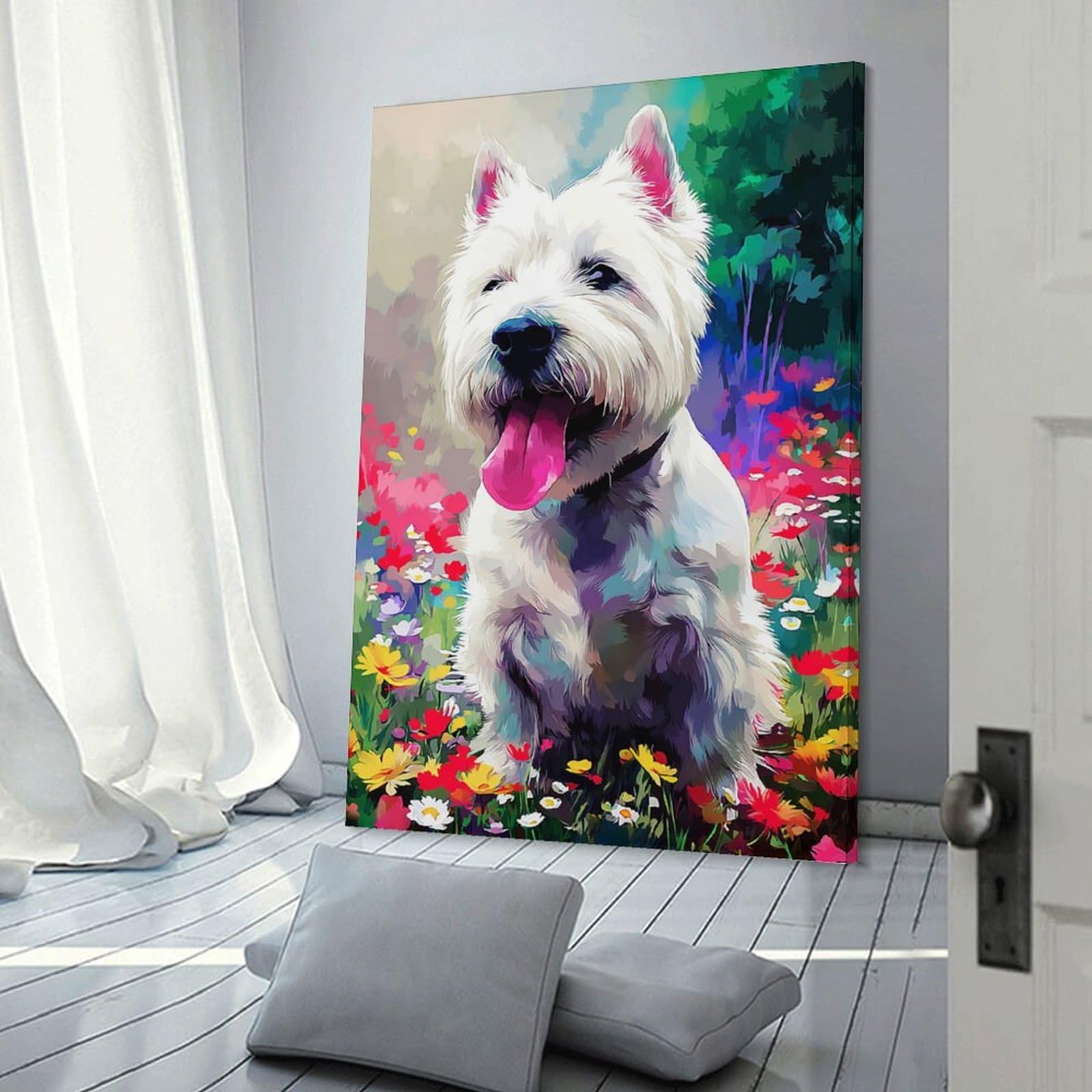 Junmoney Floral Field with Happy Dog Decorative Wall Artwork, 12x18inch(30x45cm), for Hallway, Lounge Or Guest Room, Decorative Present for New Homes