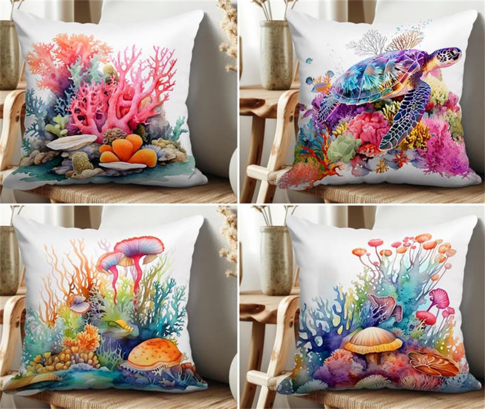 QiHon Set of 4 Decorative Linen Cushion Covers 60x60 cm, Modern Coral Turtle Square Throw Pillow Cases with Invisible Zipper, Breathable Pillowcases for Sofa Couch Living Room Bedroom Garden