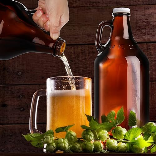 Miniatura 6 de ZEAYEA Paquete de 3 jarras de vidrio de 64 onzas, jarra ámbar de medio galón con tapas y asa, ideal para cerveza, cerveza casera, kombucha, agua