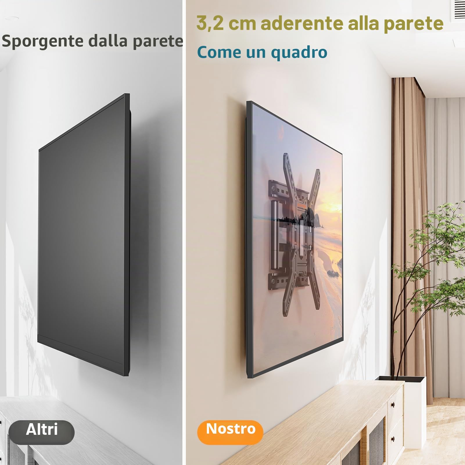 ELIVED Supporto da parete ultra sottile per TV da 26 – 60 pollici, supporto da parete a basso profilo, orientabile e inclinato, Max VESA 400 x 400 mm, supporta fino a 40 kg. Max 16" supporto in legno