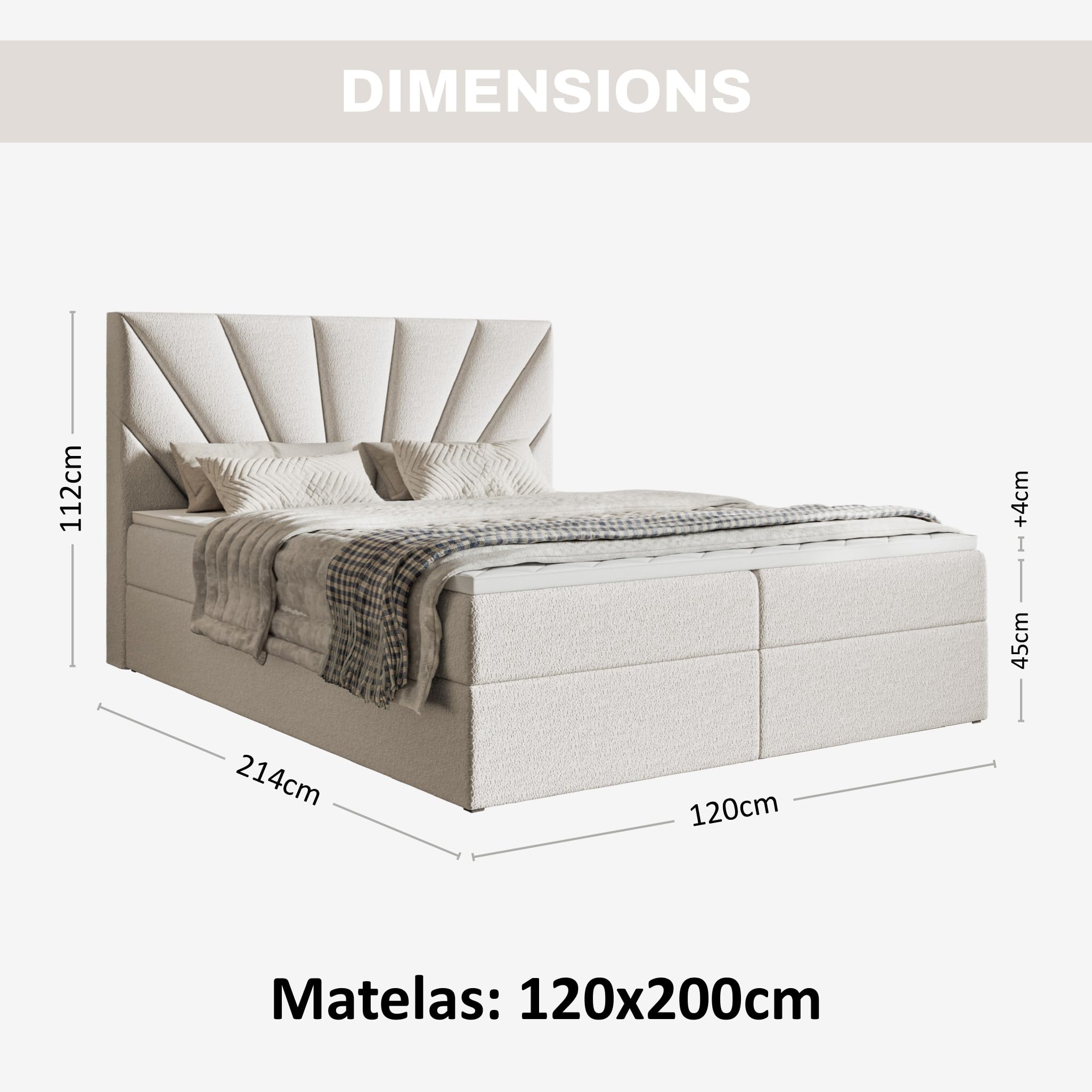 MOTIVENA Aspen Lit Boxspring 120x200 Complet avec Matelas (Ressorts Bonnell H4) et Surmatelas (Mémoire de Forme H2), avec Rangement, Bouclé, avec Tête de Lit Coffre 120x200 Blanc Lait