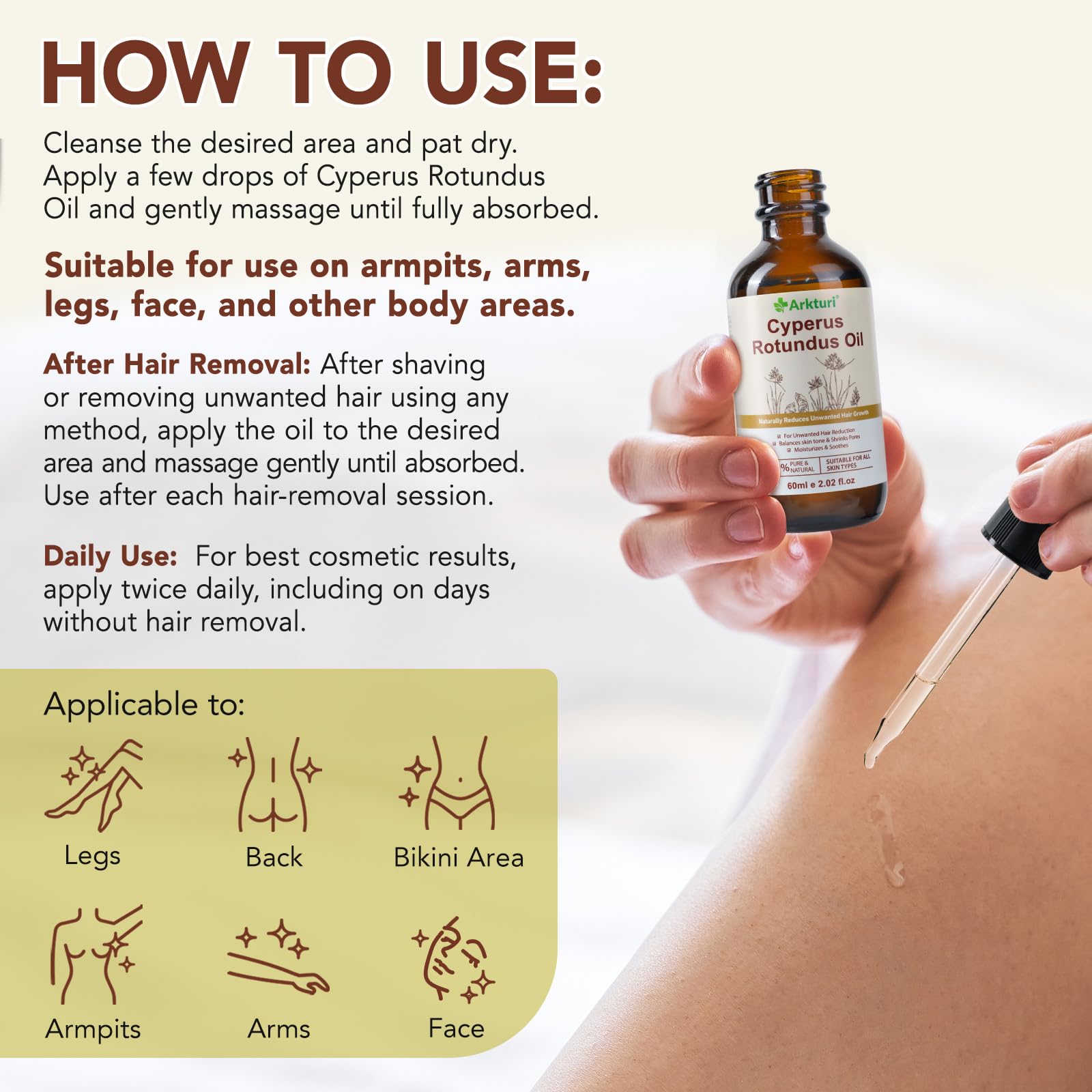 Cyperus Rotundus Aceite de depilación 60 ml – Inhibidor natural del crecimiento del vello para cara, piernas y zona de bikini, aceite de hierbas suave para reducir el vello para mujeres y hombres (2)