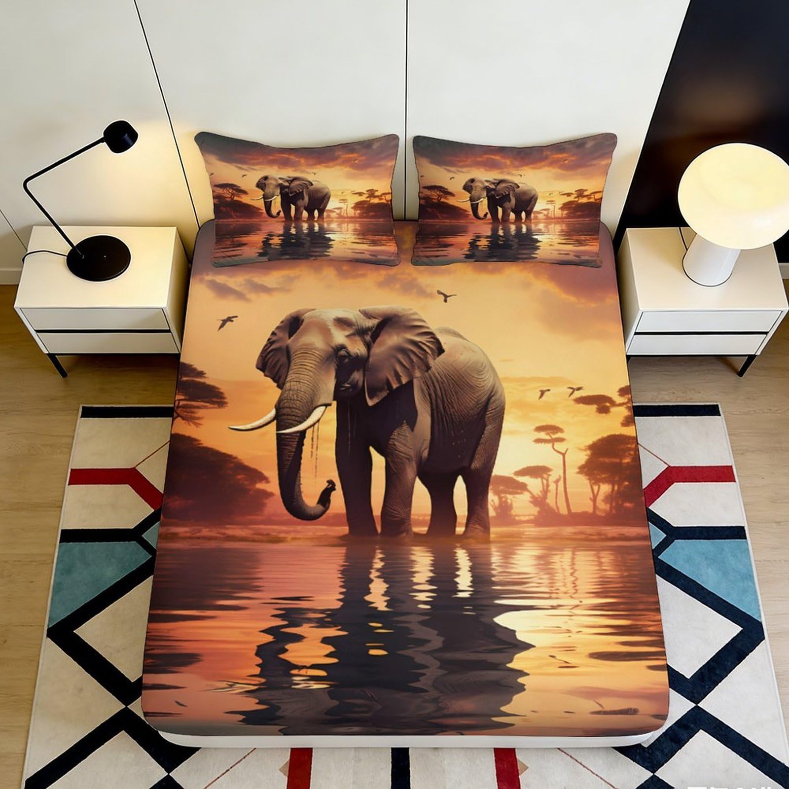 3D Printed African Elephant Sunset Fitted Sheet Microfiber Soft Anti-Slip Bed Cover for Bedroom Guest Room Decor 90x200x25cm