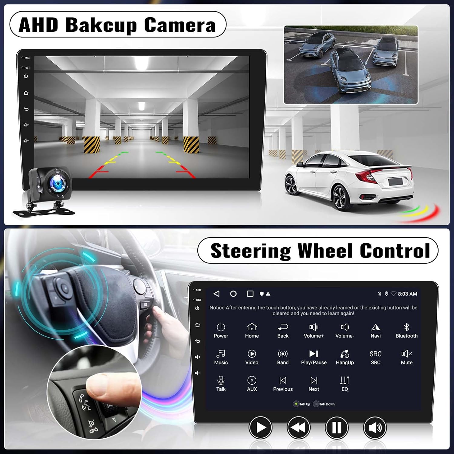 Backup camera view on the car stereo screen and steering wheel control buttons.
