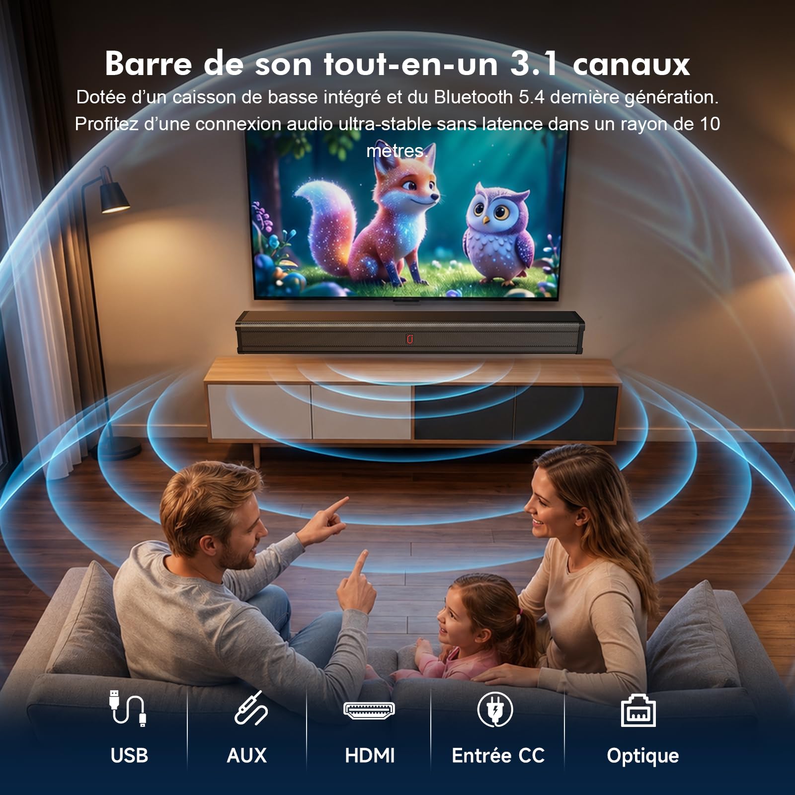 JYX Barre de Son TV 200W Puissance Crête, Soundbar 3.1 Canaux Home Cinéma avec Tweeter + Woofer 4 Pouces, Son Surround et Dialogues Clairs, Bluetooth 5.4, HDMI Arc/Optique/AUX, pour TV, PC