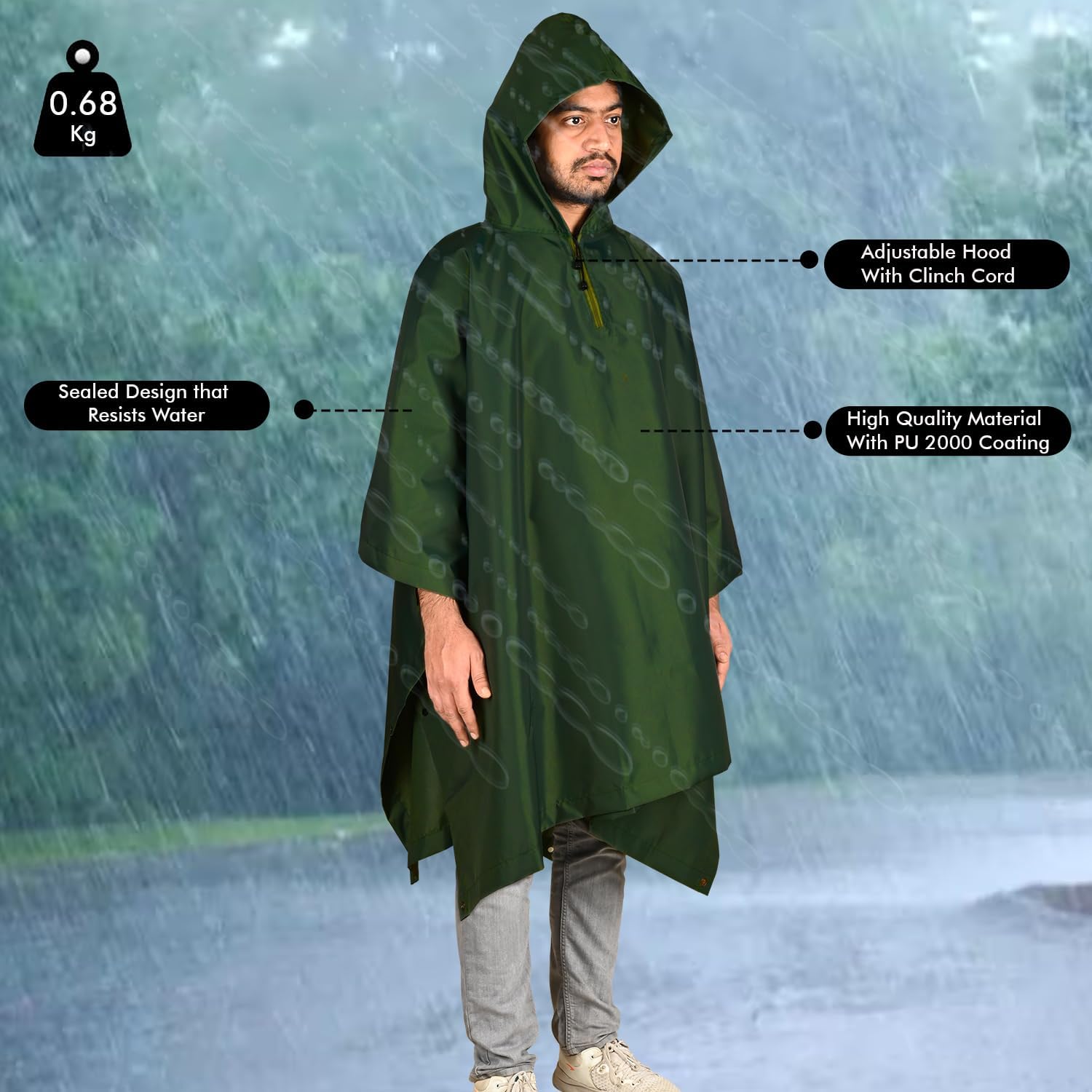 Amazon Brand - Symactive Hooded Raincoat Outdoor Water Resistant Poncho Multi Use Lightweight Rainwear Universal Cape for Hiking Camping (Pack of 1, Green) 4