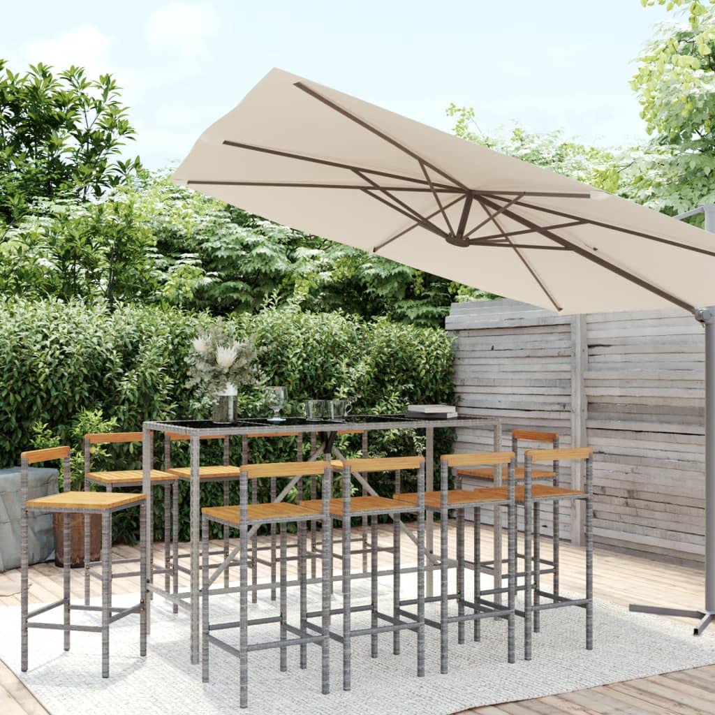 11 TLG. Juego de bar de jardín gris de ratán poli y madera maciza de acacia, juego de muebles de exterior resistente a la intemperie para terraza, balcón y jardín, con 10 taburetes de bar