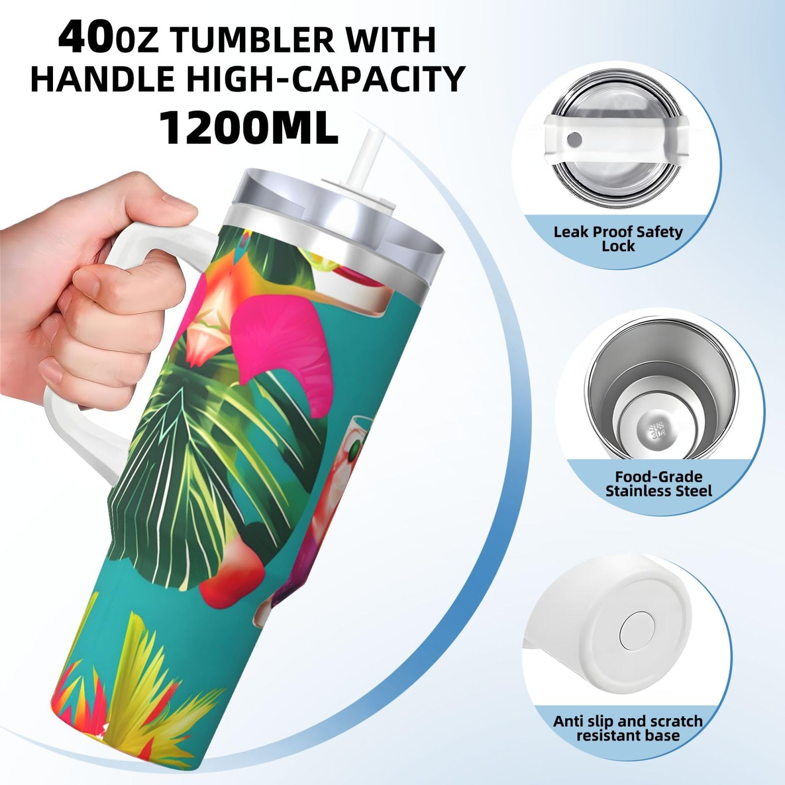Tropical Cocktails Ice Bully - Botella de agua de acero inoxidable con aislamiento de doble pared con asa y tapa con popote