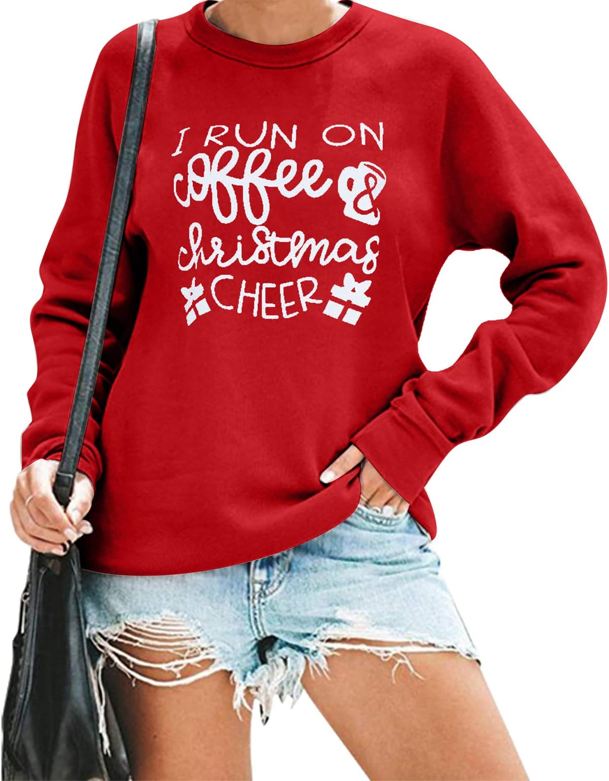 Christmas Cheer Shirts Womens Christmas Coffee Long Sleeve I Run On Coffee and Christmas Cheer Letter Print Sweatshirt