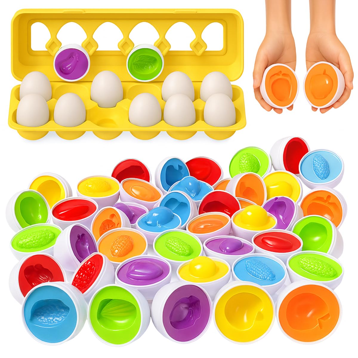 Toyana Baby Matching Eggs Toy in Box, 12 Eggs 24 PCs Shape & Colour Sorting Puzzle, Fine Motor Skills Toy