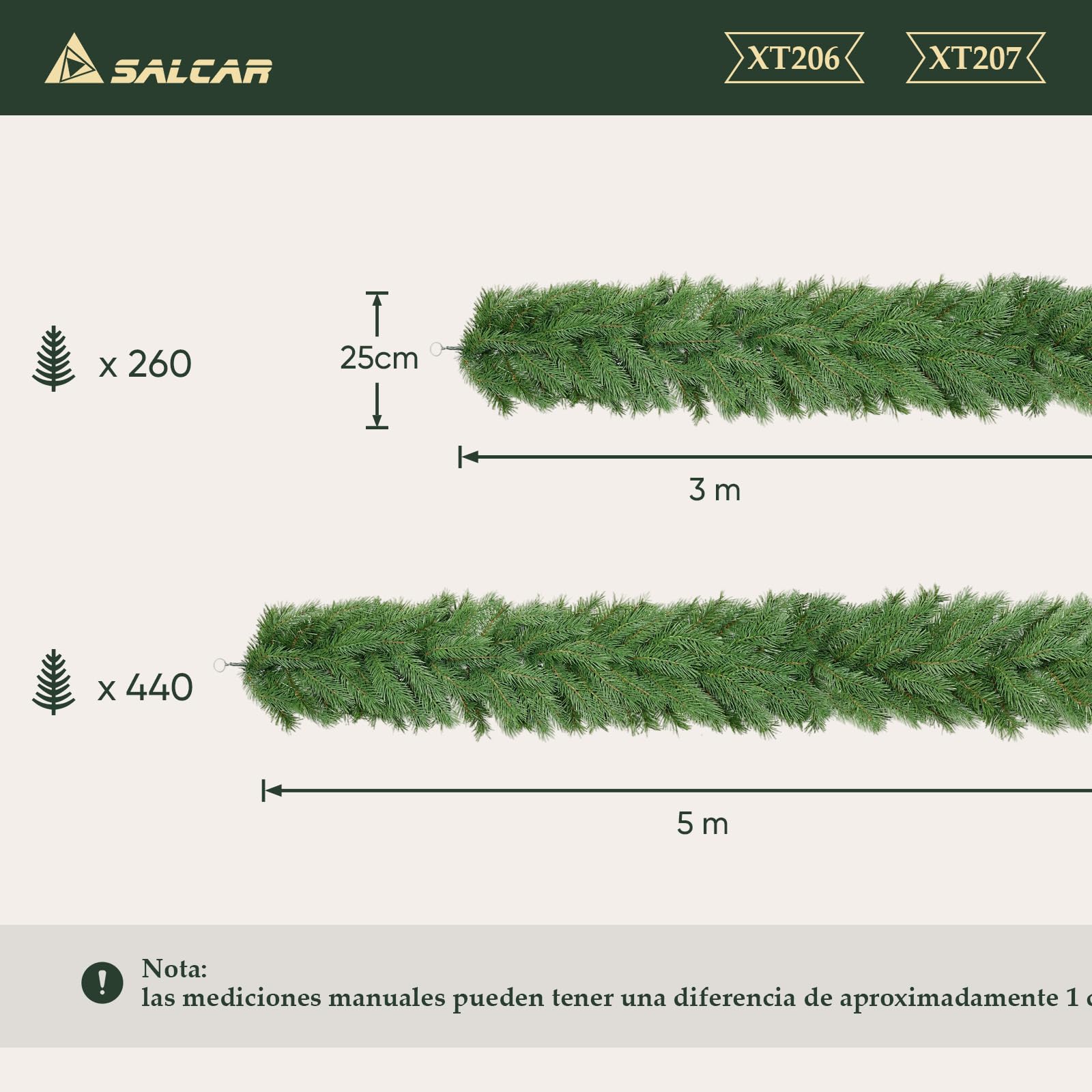 SALCAR DIY Guirnalda de Navidad Verde 5m PE + PVC | Decoración versátil para Interiores y Exteriores | Ideal para Puertas, escaleras, mesas y Eventos Festivos