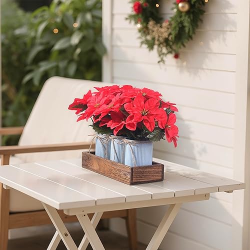 Miniatura 8 de Flores de Pascua artificiales para decoración navideña, paquete de 3 flores de Pascua rojas en macetas de metal galvanizado con caja de madera,