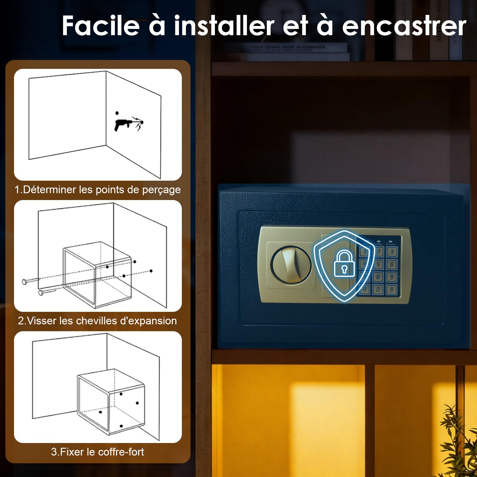 Petit Coffre Fort à Code,Coffre Fort électronique,Coffre-Fort Mural électronique,Coffre Fort Anti Feu et Clés,Acier Mini Coffre,pour Maison, Bureau, Hôtel, 31 x 20 x 20cm