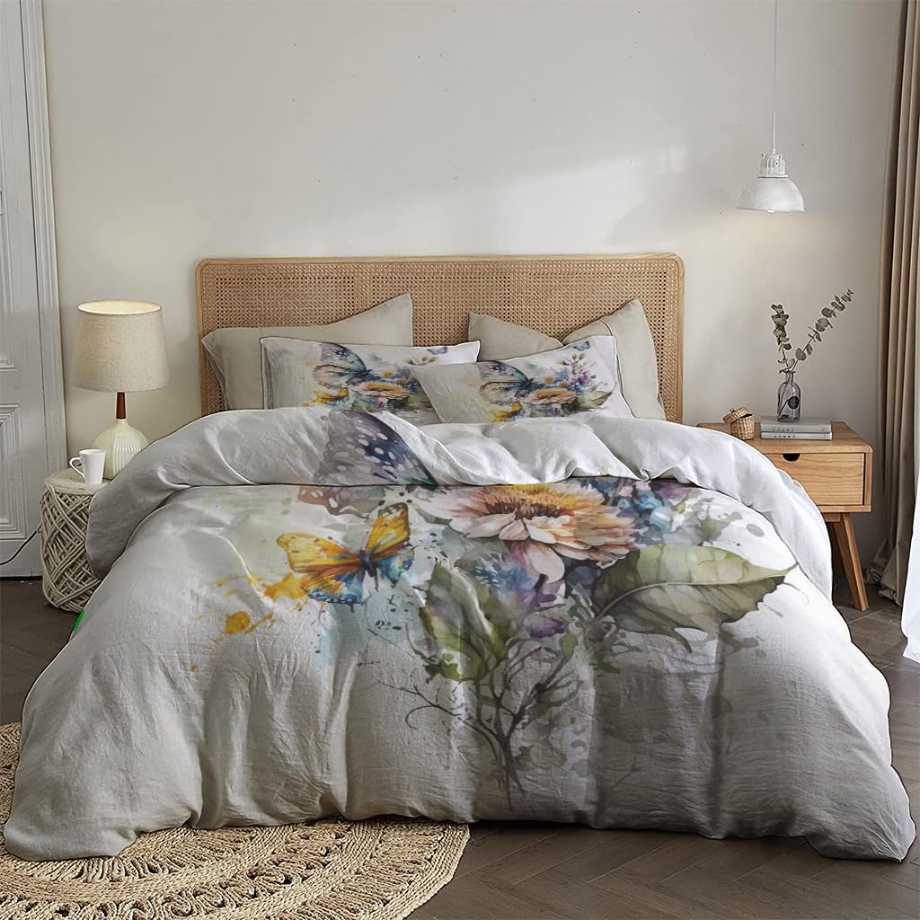 NIBAINLO 布団カバー水彩画-蝶-花 肌に優しい ピーチスキン加工 掛け布団カバー 和式 洋式 あったか 布団カバーセット リバーシブル ホームステイ ホテル 家庭兼用