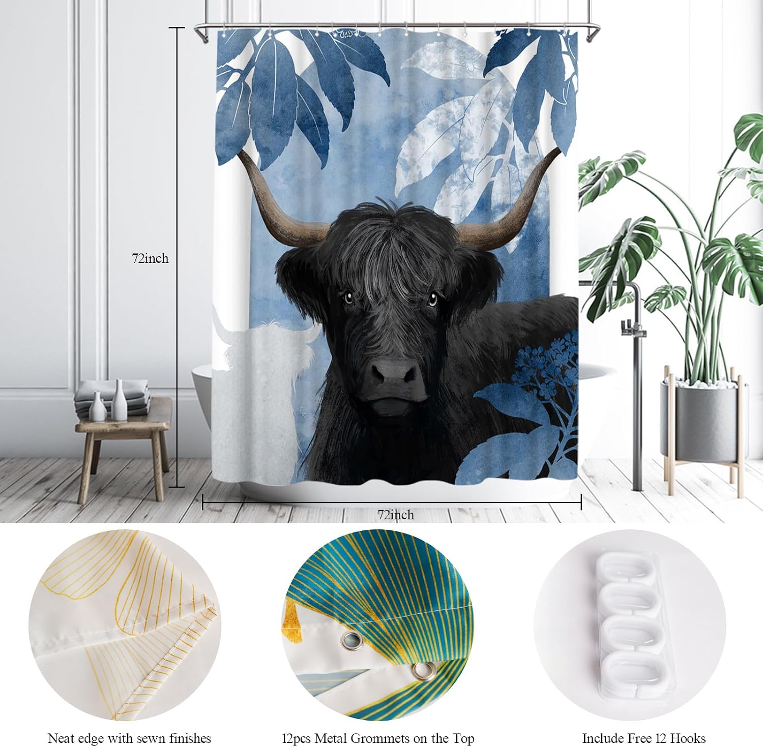 Highland Bull Shower Curtain Blue Botanical Farmhouse Bathroom Decor Rustic Watercolor Cattle Art, Fabric Bath Curtain with Hooks, Modern Country Style (Blue)