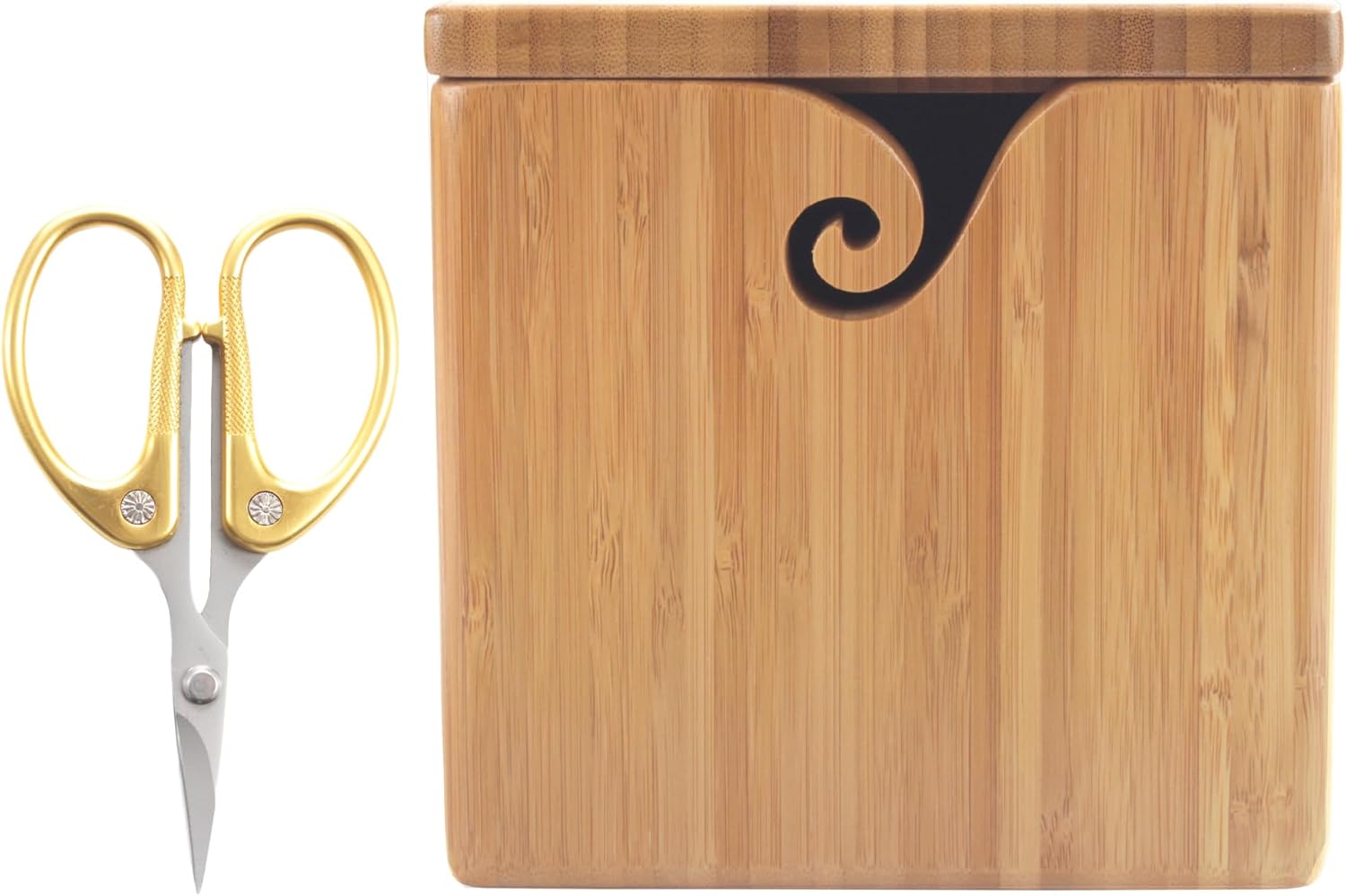 JubileeYarn Bamboo Yarn Bowl with Removable Lid + Embroidery Scissors Combo - Carbonized Brown Box