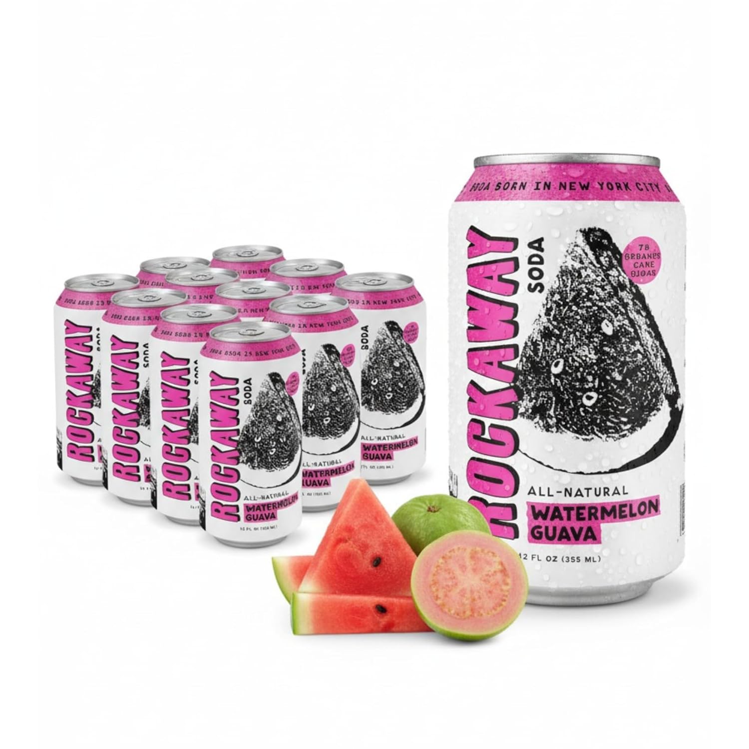 ROCKAWAY Watermelon Guava Soda Drinks - Low calorie drinks made from Real Fruit Juice, All Natural - Soda Pop Drinks Gluten Free, Vegan, GMO Free - 12oz (12 Pack)