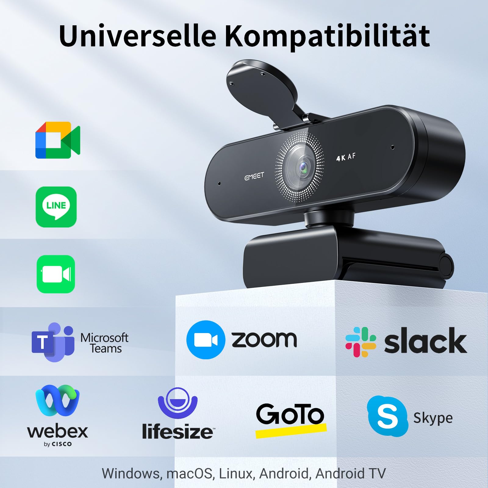 EMEET Webcam NOVA 4K, 4K Webcam mit 2 Mikrofon mit Rauschunterdrückung, Ultra HD Webcam mit 73° Weitwinkel und Objektivabdeckung, PDAF Autofokus, Web Cam für Mac, Laptop, Zoom, Teams