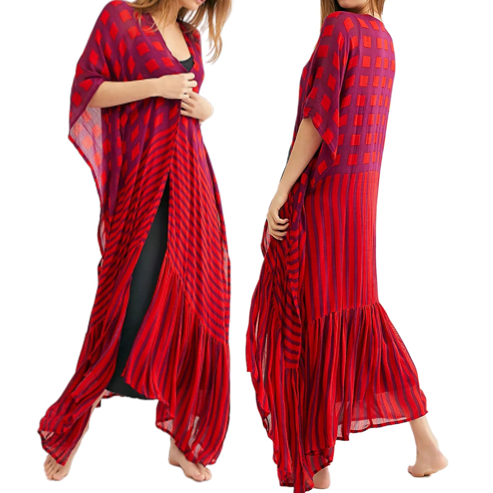 Kimono da donna, stile casual, lungo, stile bohémien, cardigan lungo, caftano, copricostume da bagno da donna, pantaloni/vestito