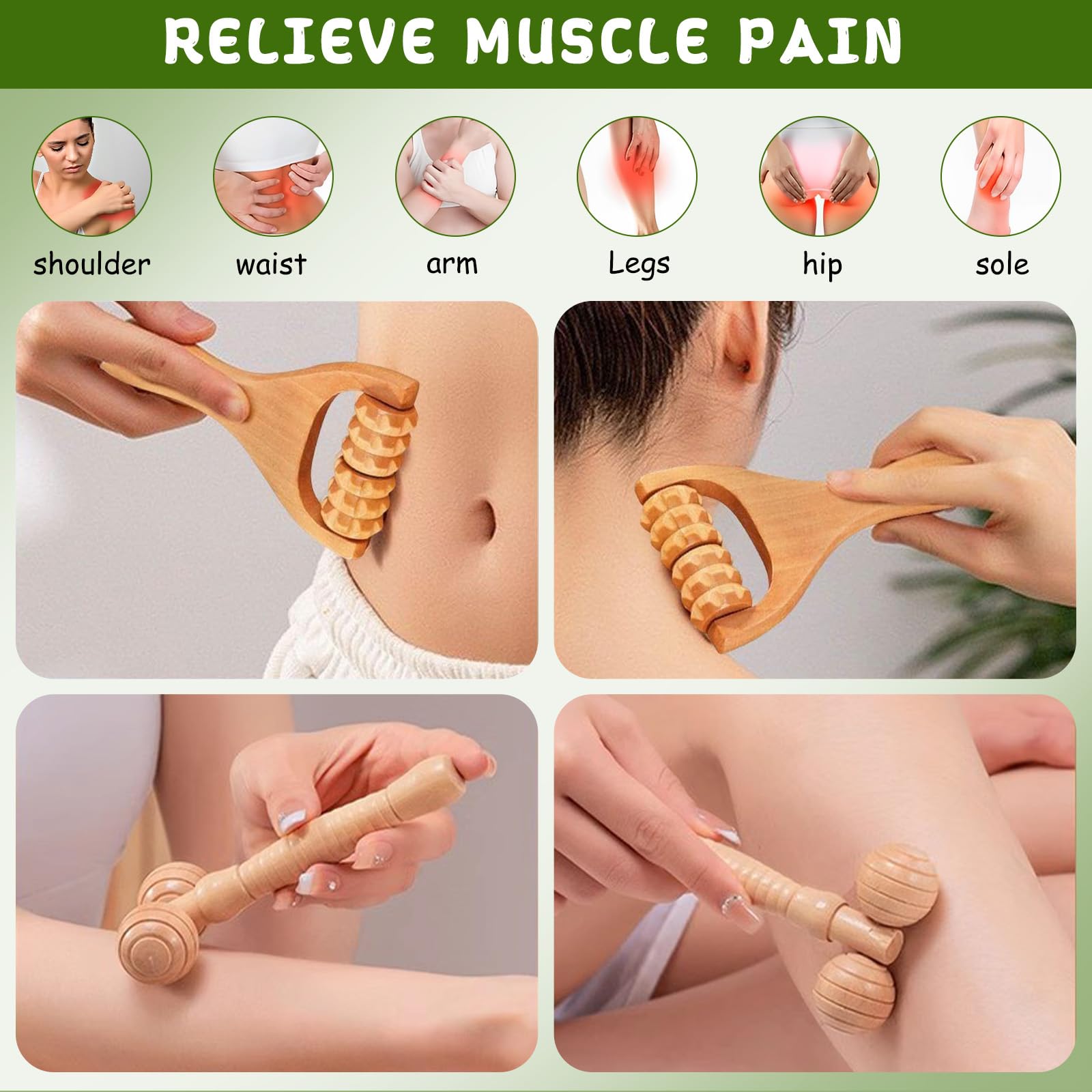 Lot de 3 Rouleaux de Massage en Bois pour Drainage Lymphatique et Anti Cellulite - Outil de Massage Fascia pour le Dos, le Cou, les Jambes - Détente Musculaire et Réduction de la Cellulite