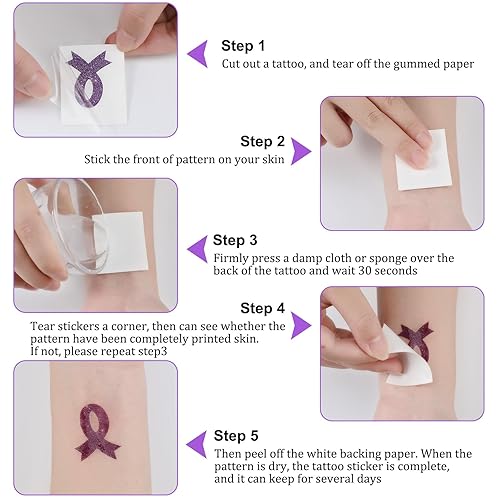 Miniatura 3 de 20 hojas de 240 piezas de cinta morada con brillantina, tatuajes de concienciación sobre violencia doméstica, tatuajes temporales, lupus,