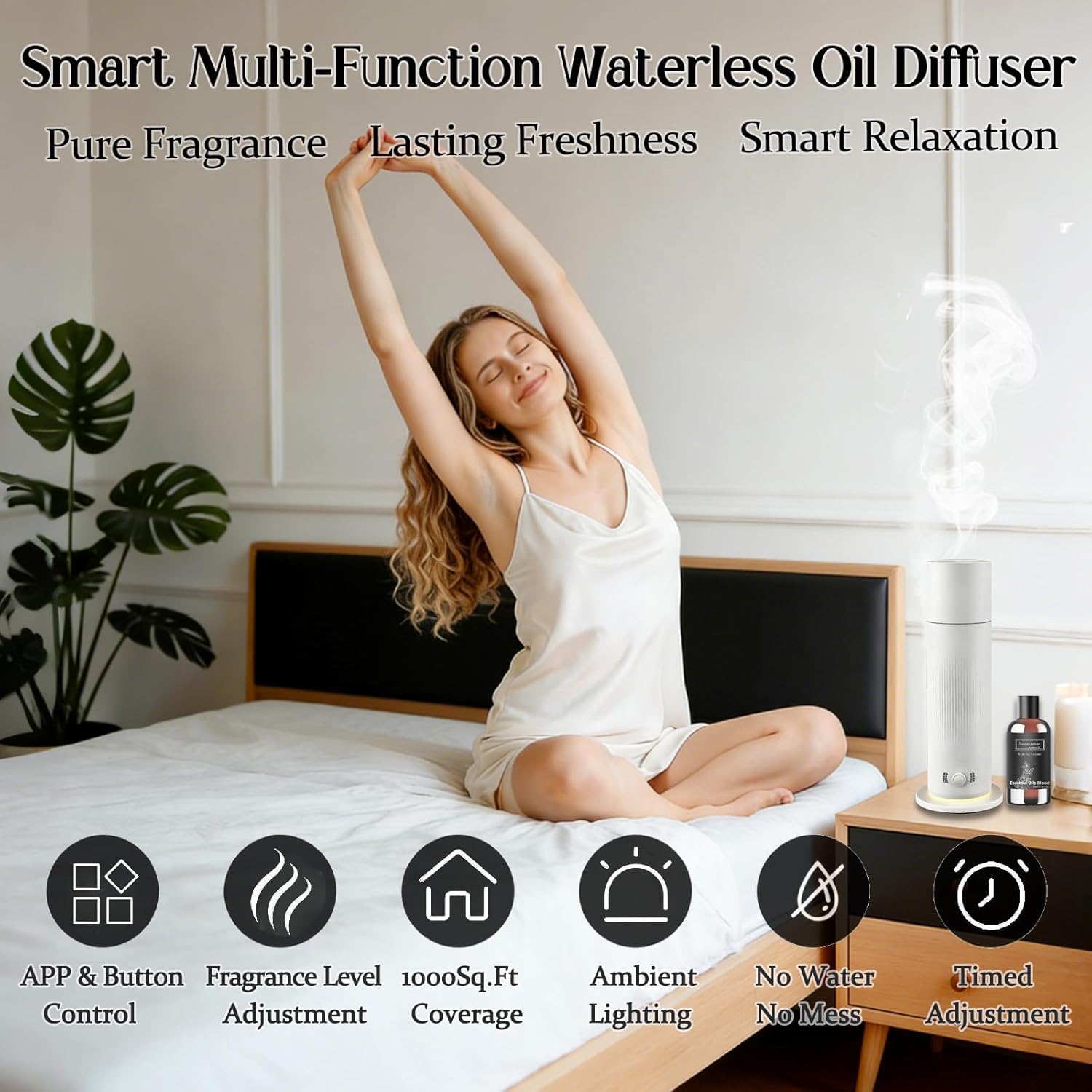 Waterless Essential Oil Diffuser, Scent Air Machine for Home with 4x30ml Hotel Scent Oil Sets, Covers Up to 1000 Sq.Ft, Adjustable Mist & Timer, Hotel and Commercial Use