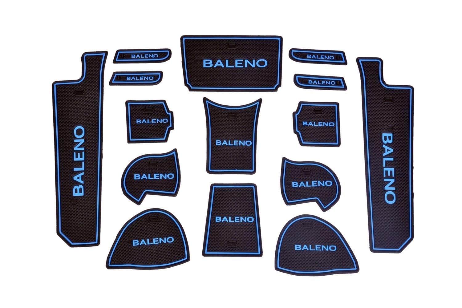 Car Drome - The Mat Store Rubber Door Cup Mats|Compatible With Maruti Suzuki Baleno For Model Year From 2015 To 2021|Premium Decorative Stylish Car Interior Accessories|Set Of 15 Mats|Blue Trim