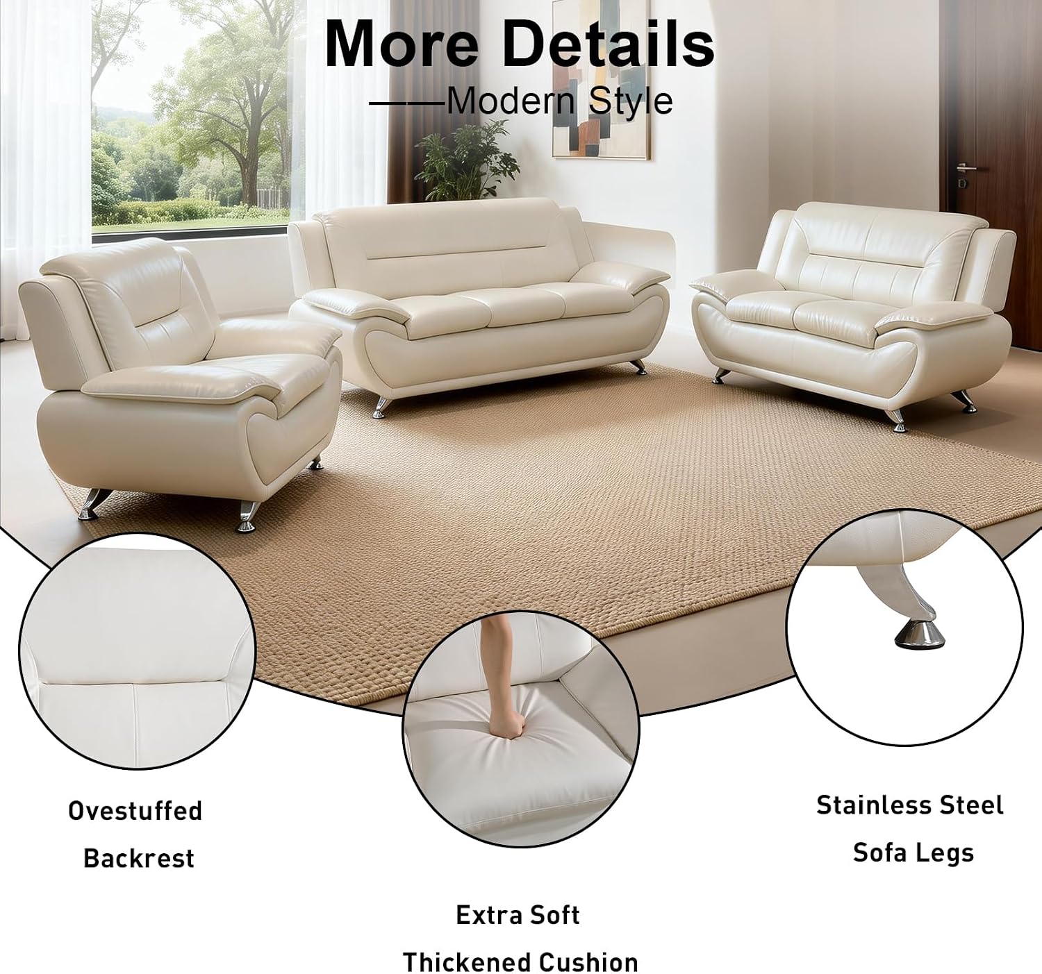 Faux Leather Couch Set, 3 Piece Living Room Furniture, Sofa Loveseat Chair, Modern Seatingfor Apartment, Office, Reception, White