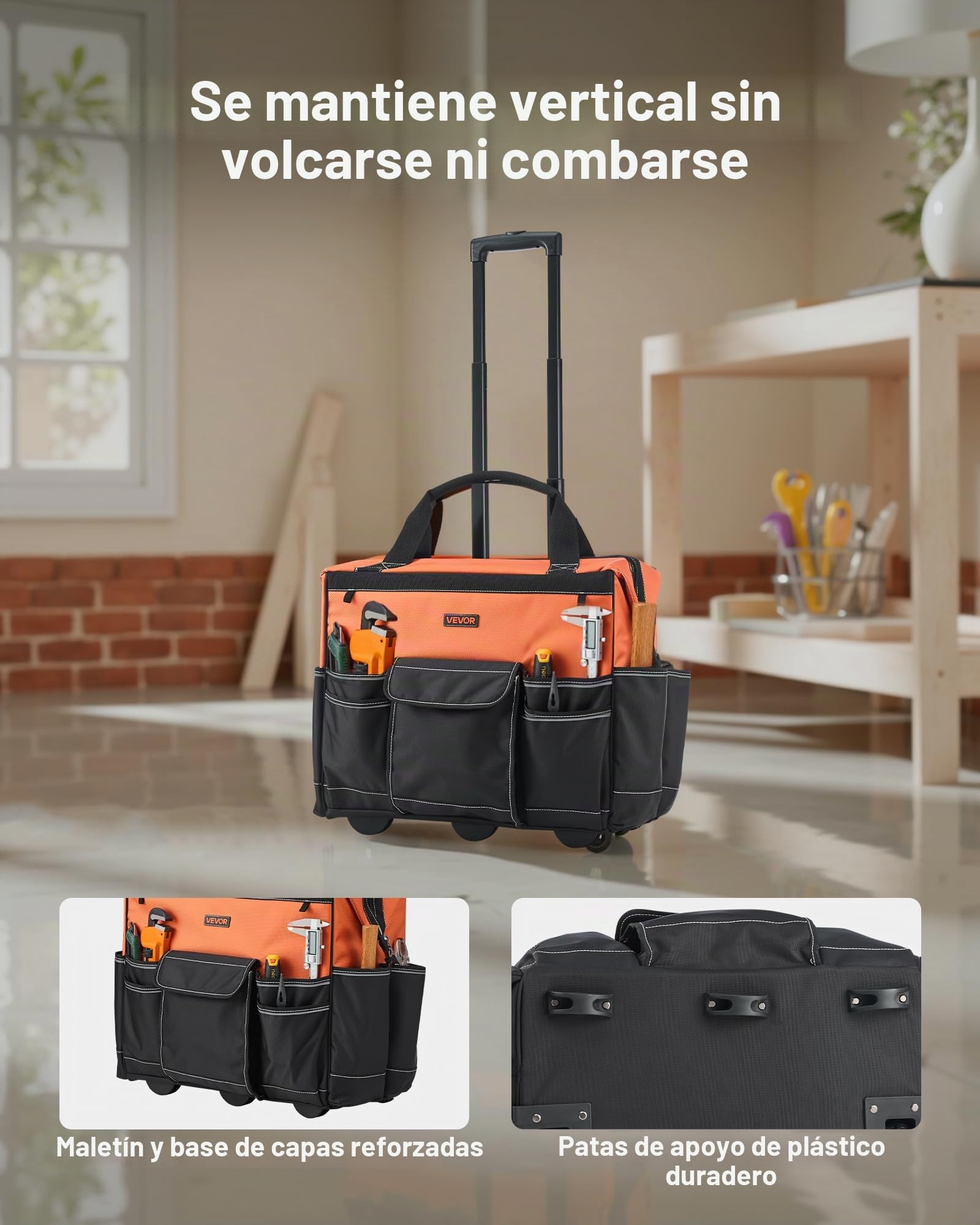 VEVOR Mochila con Ruedas de 510 x 310 x 450 mm Capacidad de Carga de 50 kg, Mochila de Herramientas Resistente con 27 Bolsillos, Asa Telescópica Ajustable y Base Estable para Construcción y Mecánico