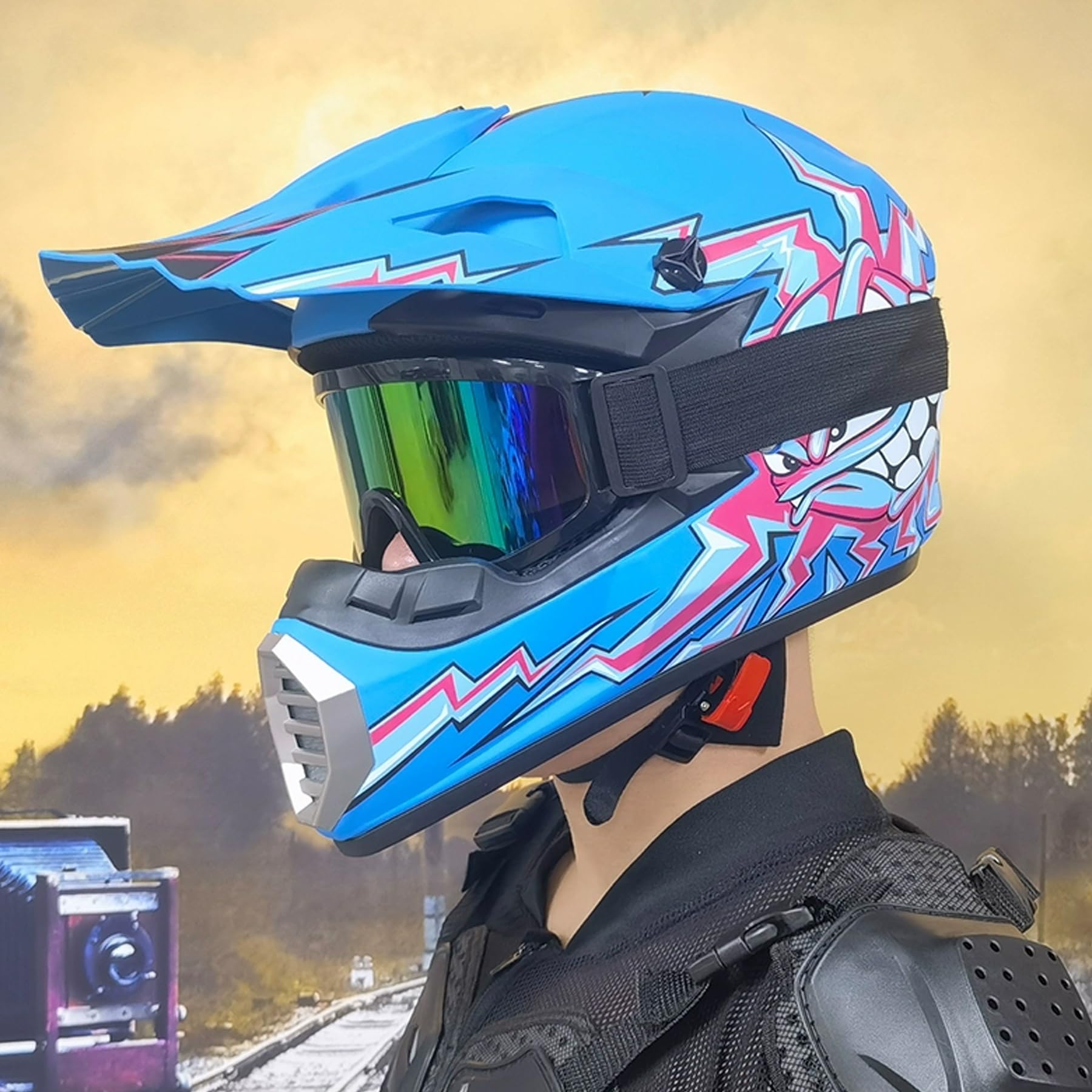 Casco de motocross para niños, casco de moto de montaña, para jóvenes y adultos, casco de motocross, todoterreno, esquí, quad, mountain bike, BMX, Downhill Off Road Helm, con guantes máscara