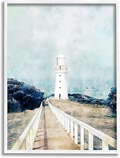 Stupell Industries Lighthouse Boardwalk Rocky Cliff Coastal Landscape Water White Framed Wall Art, 16 x 20, Blue