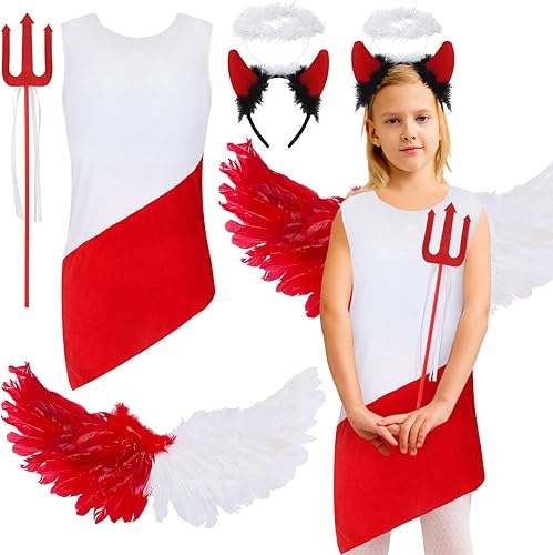 Ramede Juego de 4 piezas de disfraz de ángel diablo de Halloween para niñas, disfraz de adolescente rojo y blanco, incluye alas de vestido, diadema,