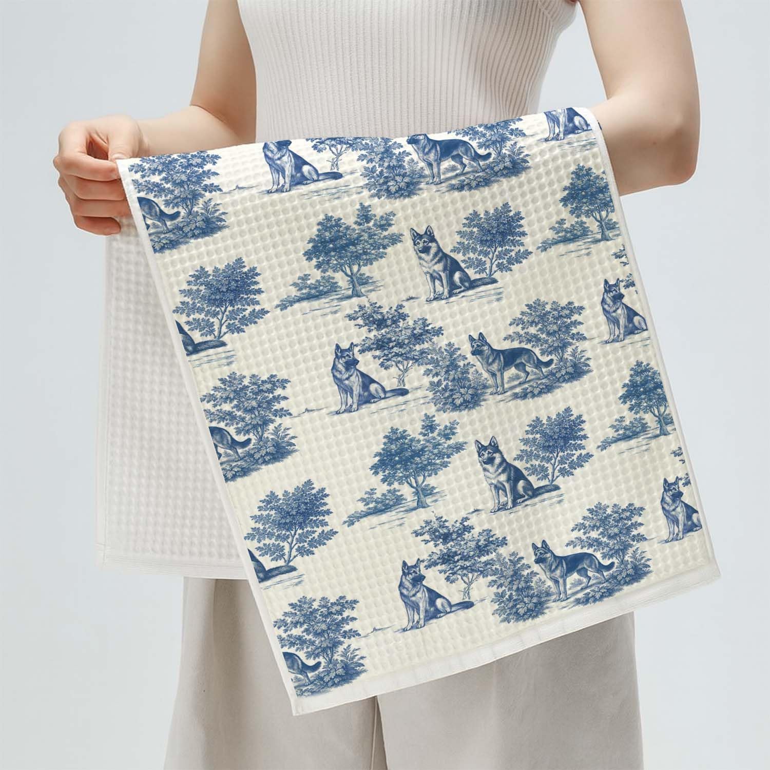 German Shepherd Gifts Kitchen Towels, Gifts for German Shepherd Lovers Dish Tea Towel for Kitchen, Blue and White Toile de Jouy GSD Dog Owner Decorative Hand Towels for Bathroom, 16x24 Inches - Image 7