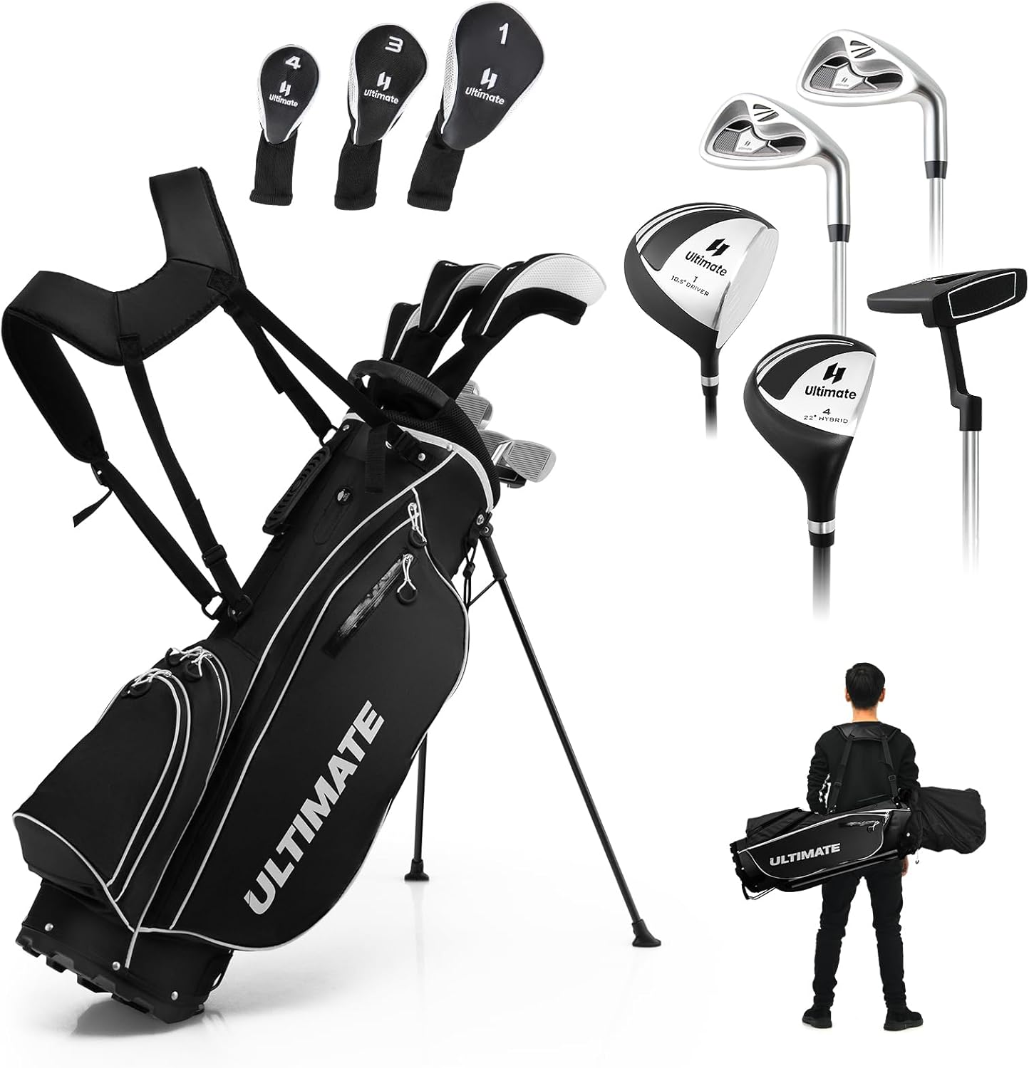 ULTIMATE Men's Right-Handed 9-Piece Complete Golf Club Set: 460cc Driver, #3 Fairway Wood, Hybrid, 6-PW Irons, Putter & Stand Bag