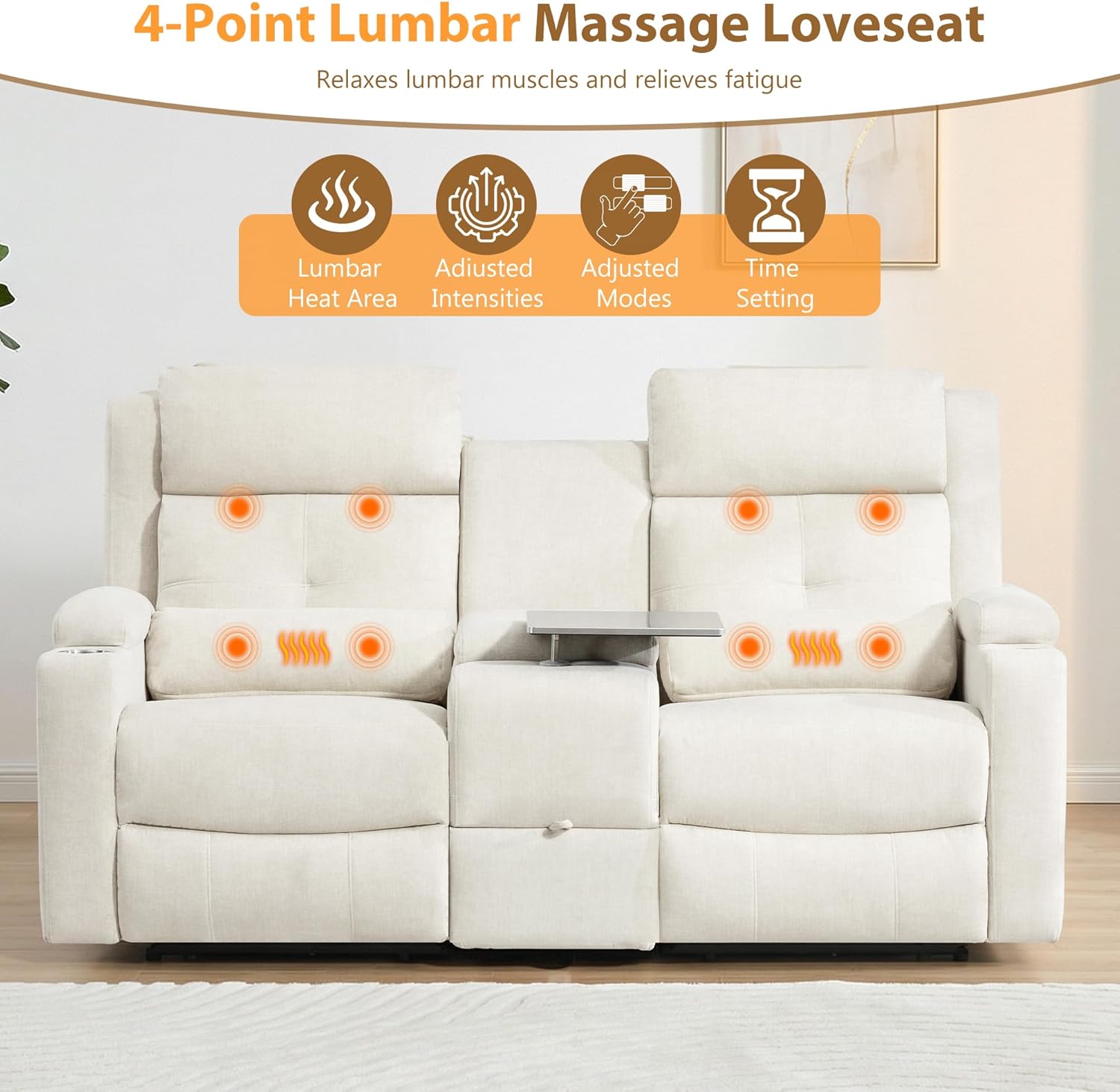 Power Reclining Loveseat with 4-Point Massage, Cat-Proof Power Loveseat with Console Drawer,Tray Table, Double Recliner Sofa with Stainless Steel Cup Holders(Beige, Loveseat with Drawer) | Lumbar Pillow, Cat Proof Sofa