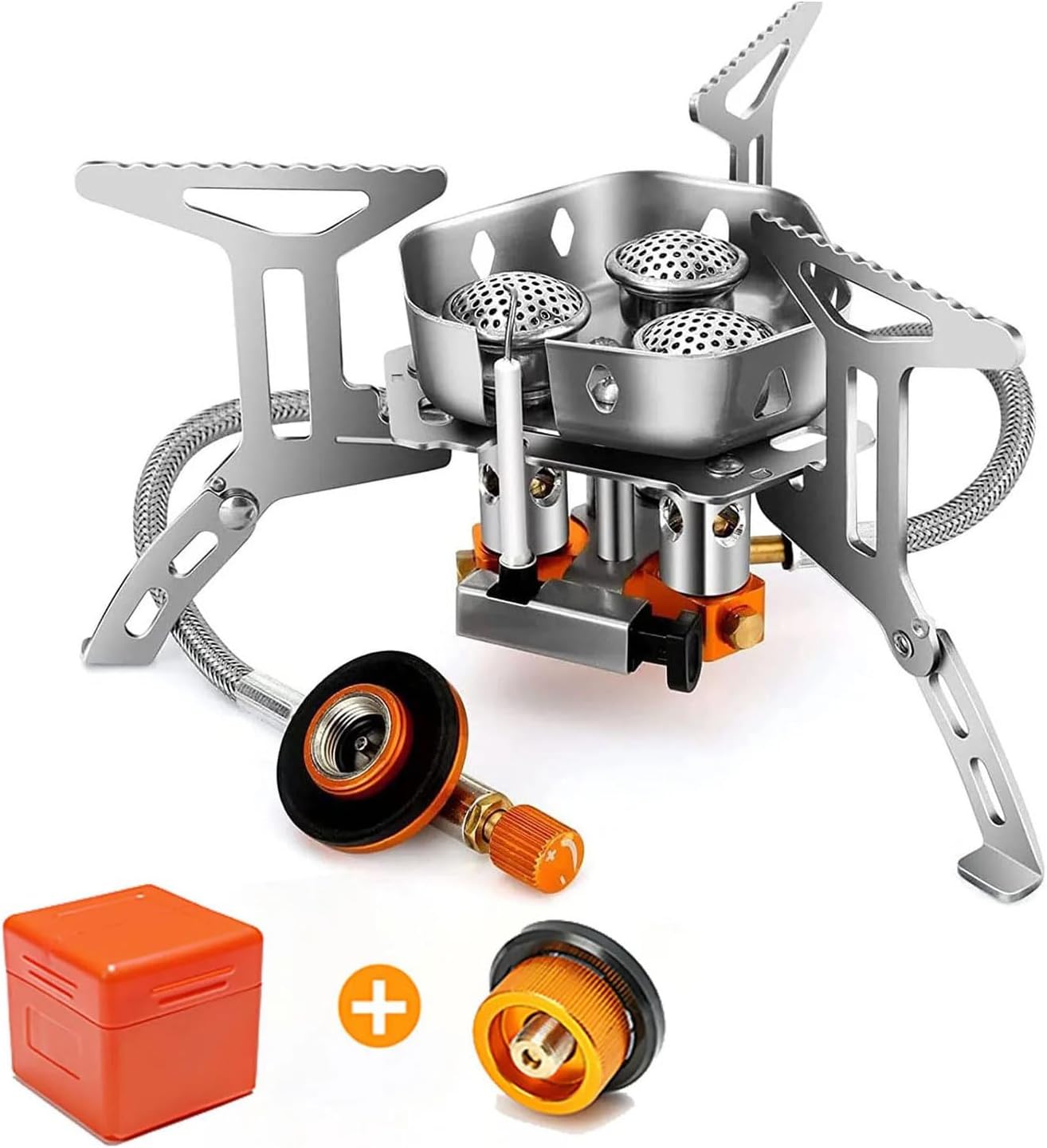 Portable Camping Gas Stove, 5800W Windproof Gas Burner with Fuel Canister Adapter, Piezo Ignition, Carry Case, Collapsible Stove Burner for Outdoor Backpacking Hiking and Picnic