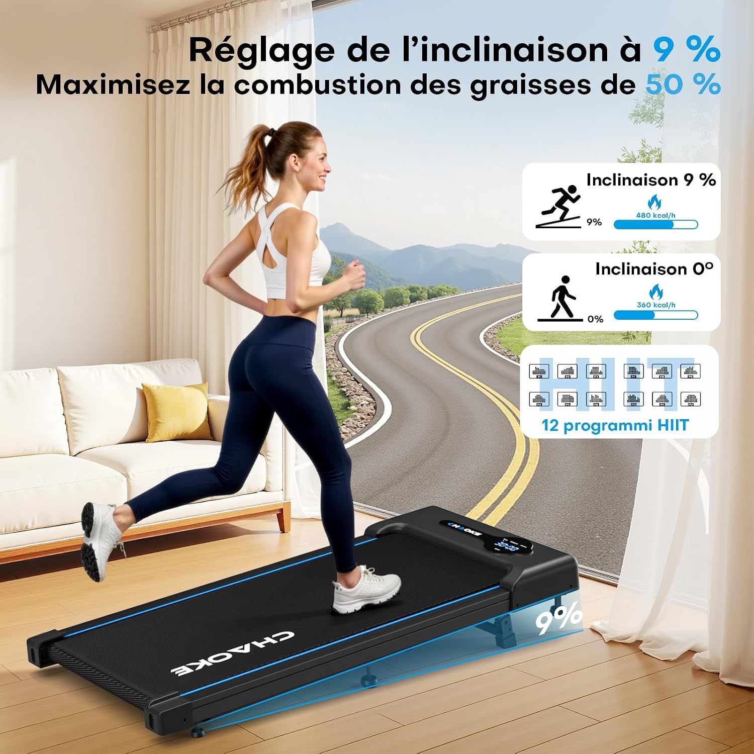 Woman running on treadmill with 9% incline, showing calorie burn comparison